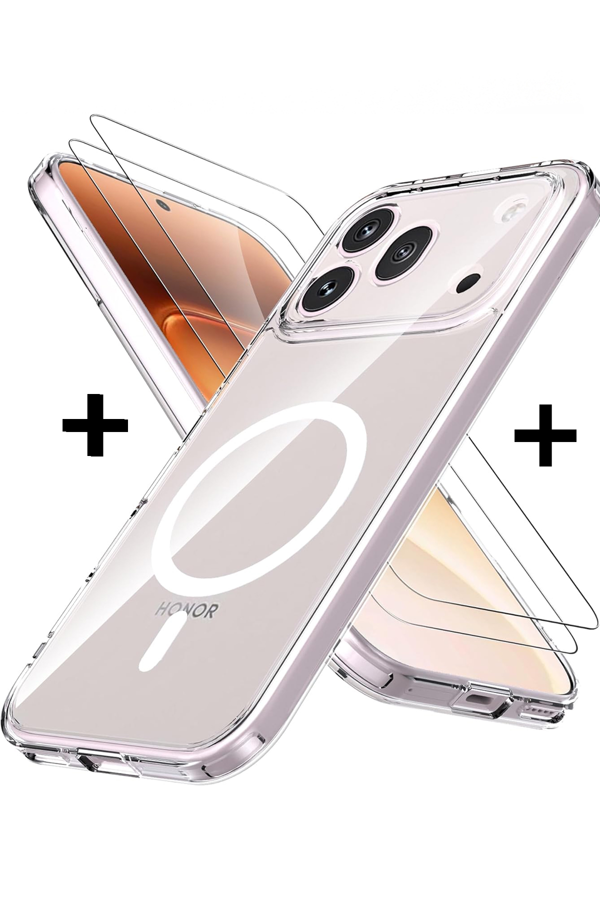 Honor 600 Pro Compatible Transparent Magsafe Wireless Charging Support Hard Case + Full Cover Screen Protector