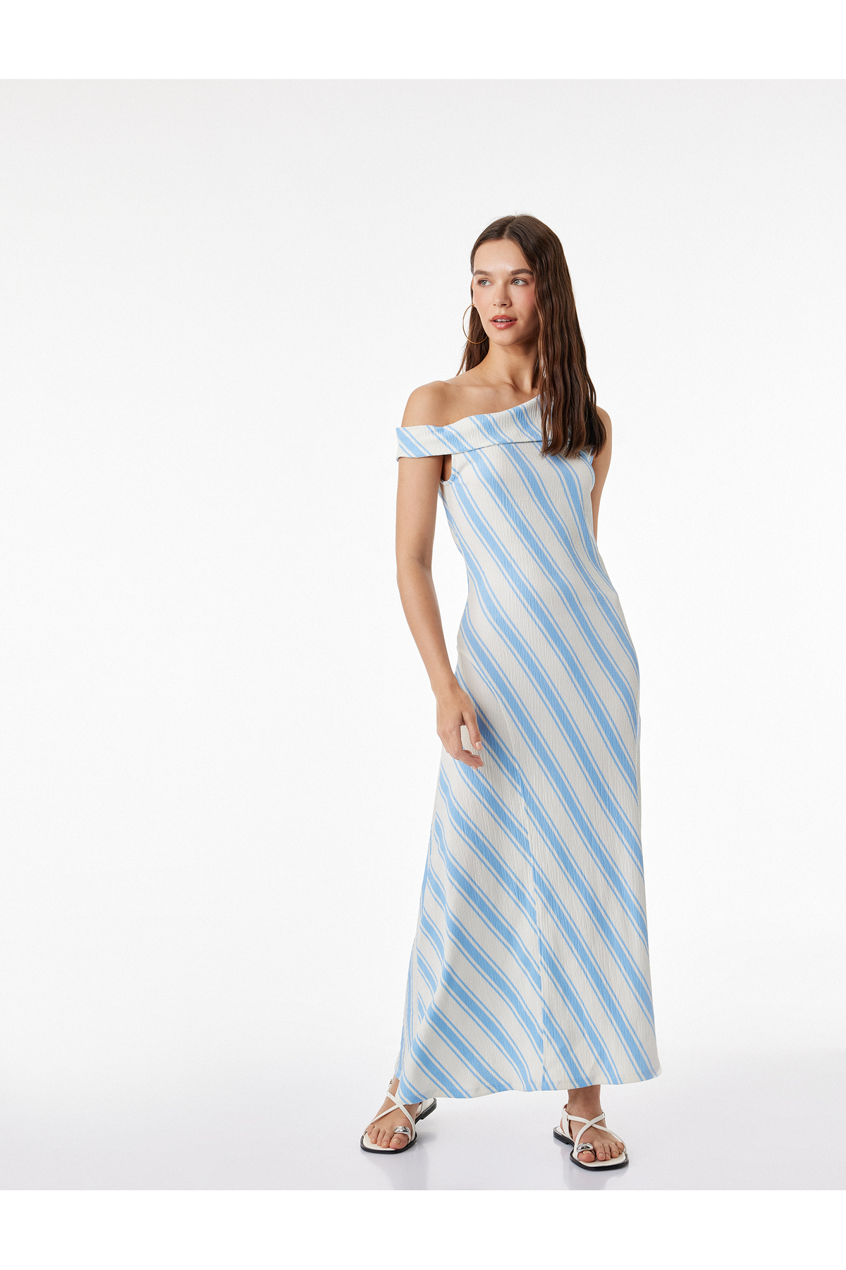 Koton Asymmetric Collar Sleeveless Wrinkled Striped Midi Dress