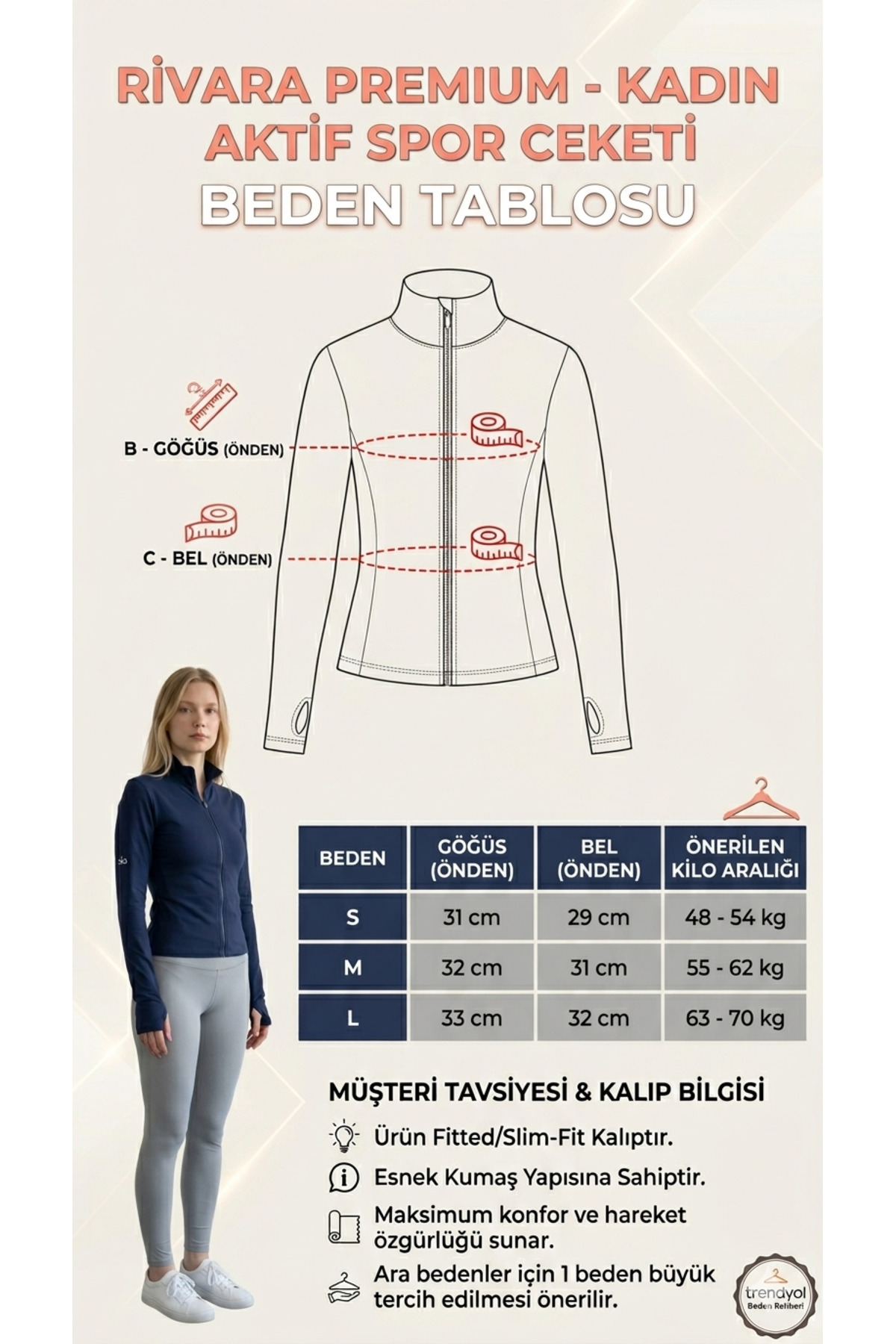 RİVARAPREMIUM Kadın Lacivert Dik Yaka Fermuarlı Slim Fit Aktif Spor Ceketi - Parmak Geçirmeli (Mom Parmak Koşu ve Fitness Üstü görsel 7
