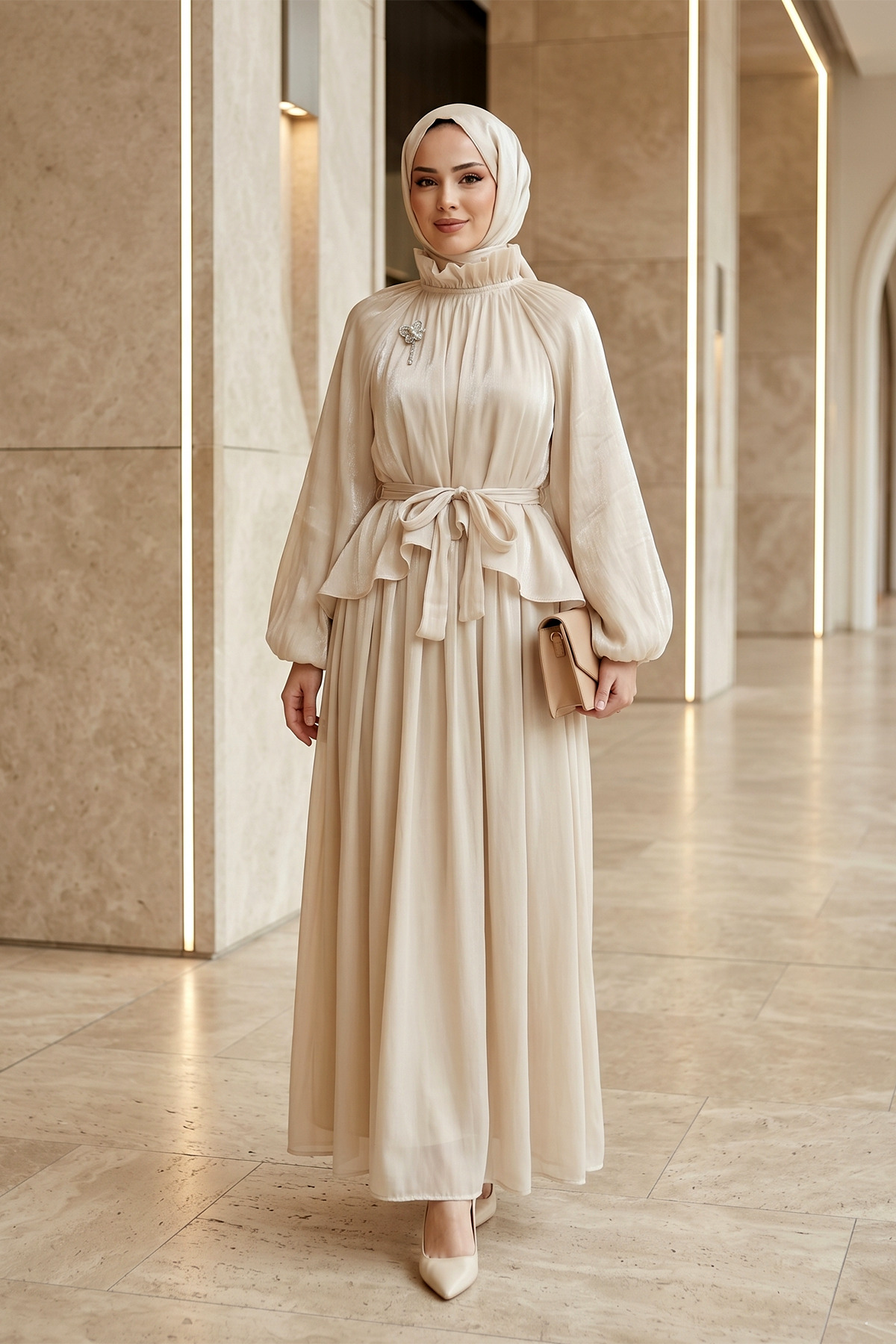 Women's Brooch Accessory Sleeve Elastic Sleeve Lined Chiffon Blouse Skirt Stylish Set - Mink