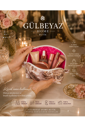 GÜLBEYAZ Gül Desenli Küçük Boy Fermuarlı Makyaj Çantası – El Yapımı Kozmetik ...