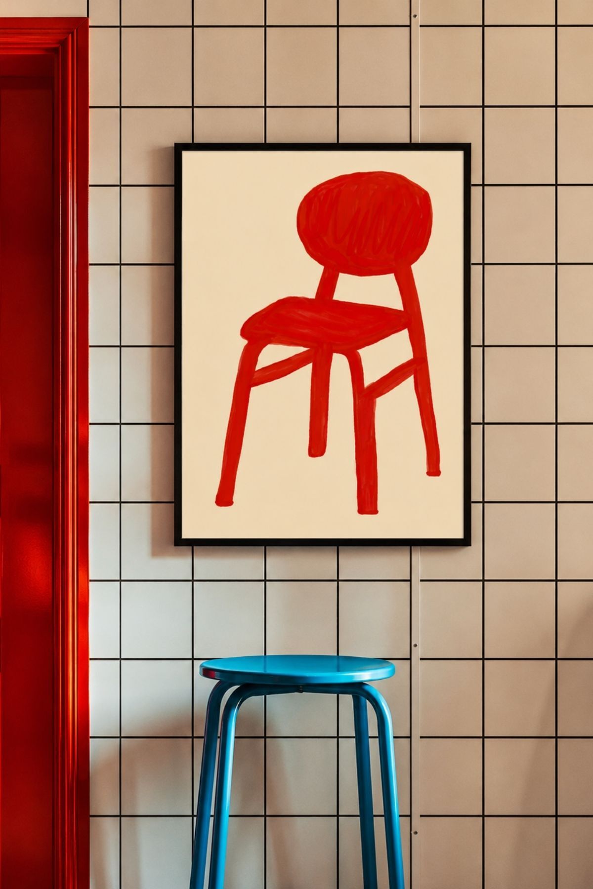 Kırmızı Sandalye Poster, Minimal Mobilya İllüstrasyonlu Modern Duvar Dekoru
