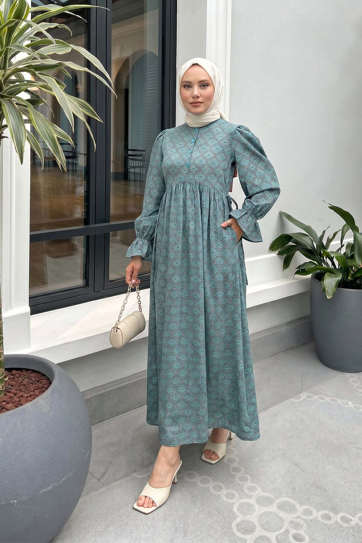 Salih Çelebi Mandala Pattern Hijab Dress 2328 - Mint Green