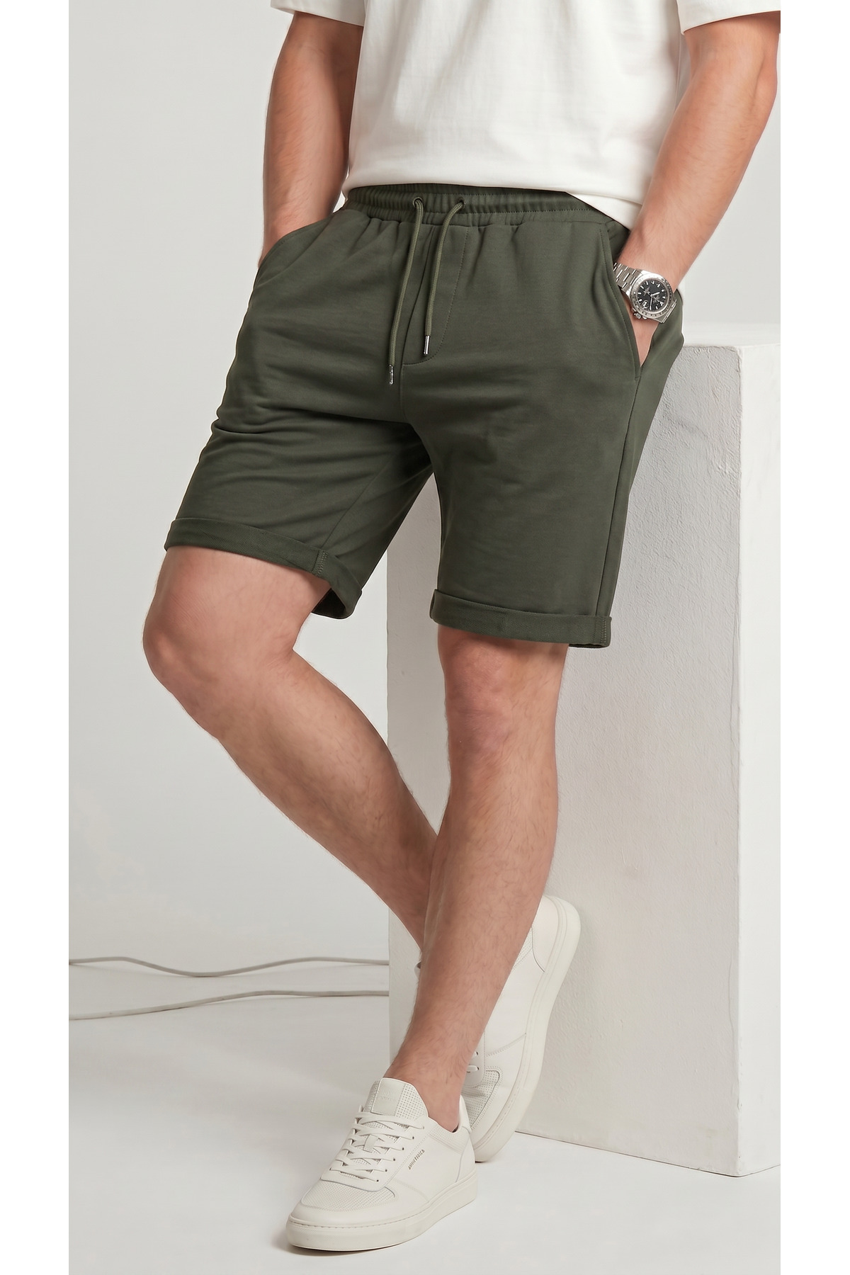 zazzia Men's Khaki Double Leg Regular Combed Cotton Shorts with Pockets Bermuda