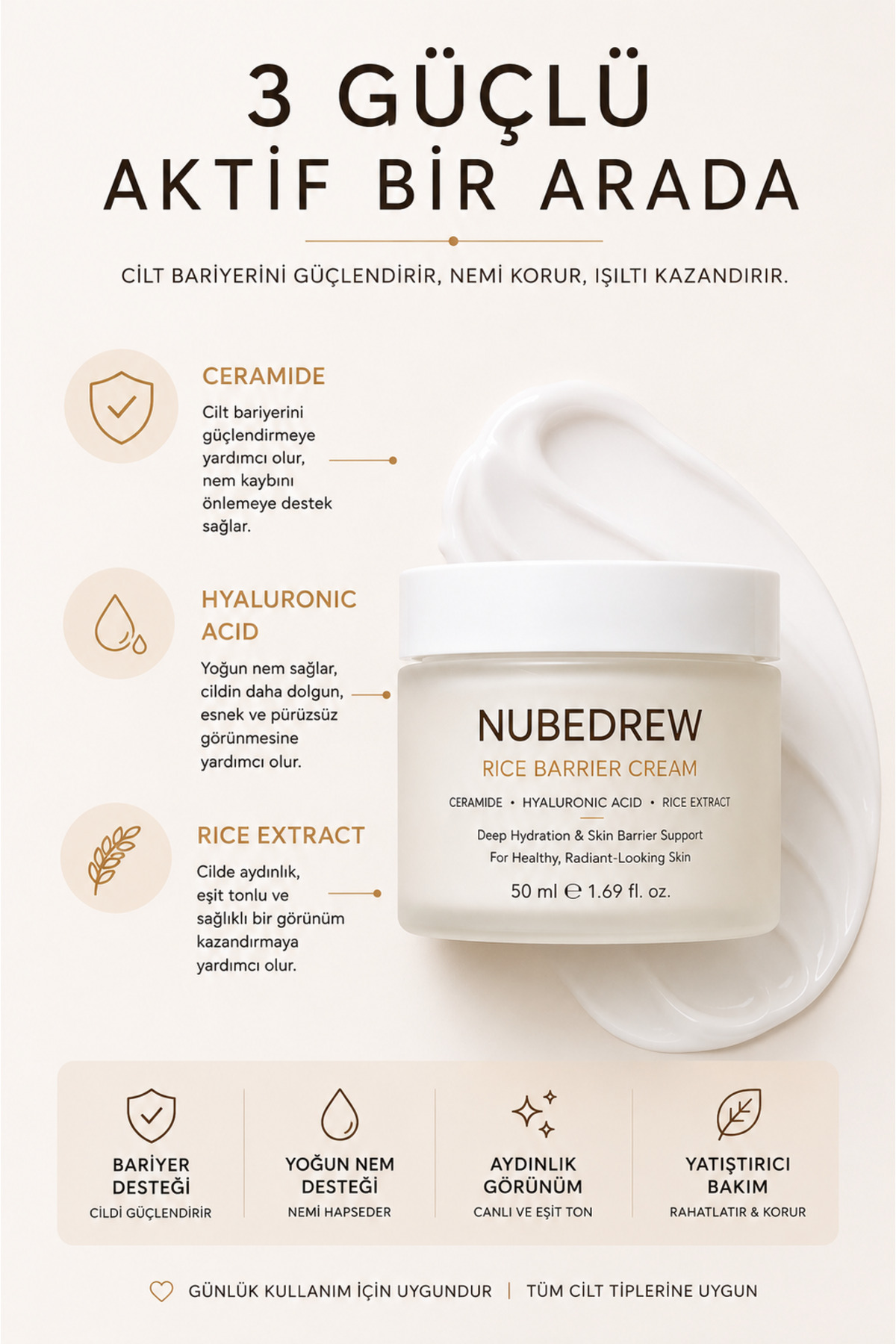 Ceramide Nemlendirici Yüz Kremi 50 ML Cilt Bariyeri Güçlendirici Hyaluronic Acid ve Pirinç Özlü Bakım Kremi — crnekr-nbd — تصویر 2 از 8
