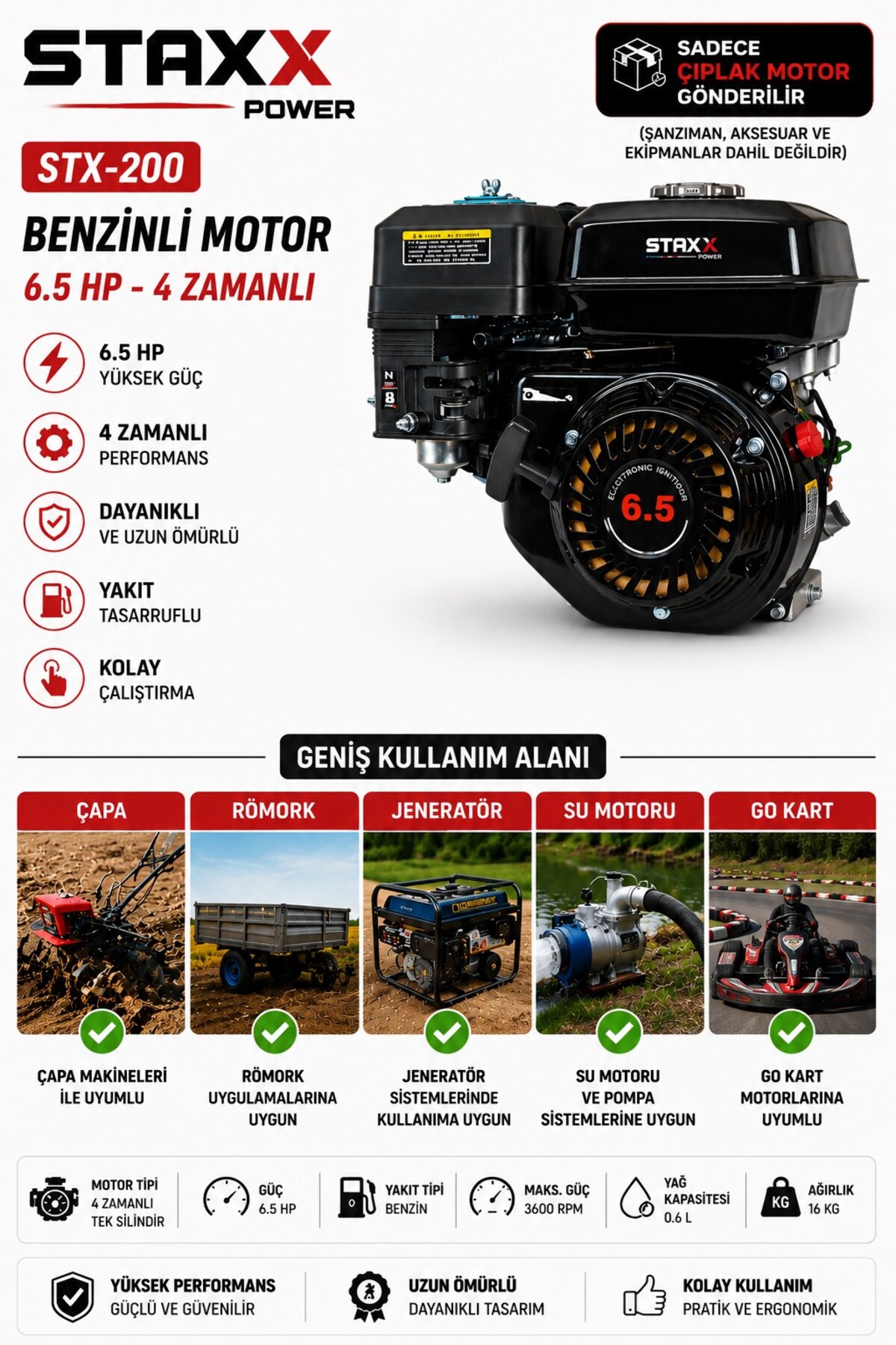 STAXX POWER 6.5HP Benzinli Motor 4 Zamanlı 19 mm Kamalı Mil Go Kart - Çapa- Jeneratör - Su Pompası Motoru