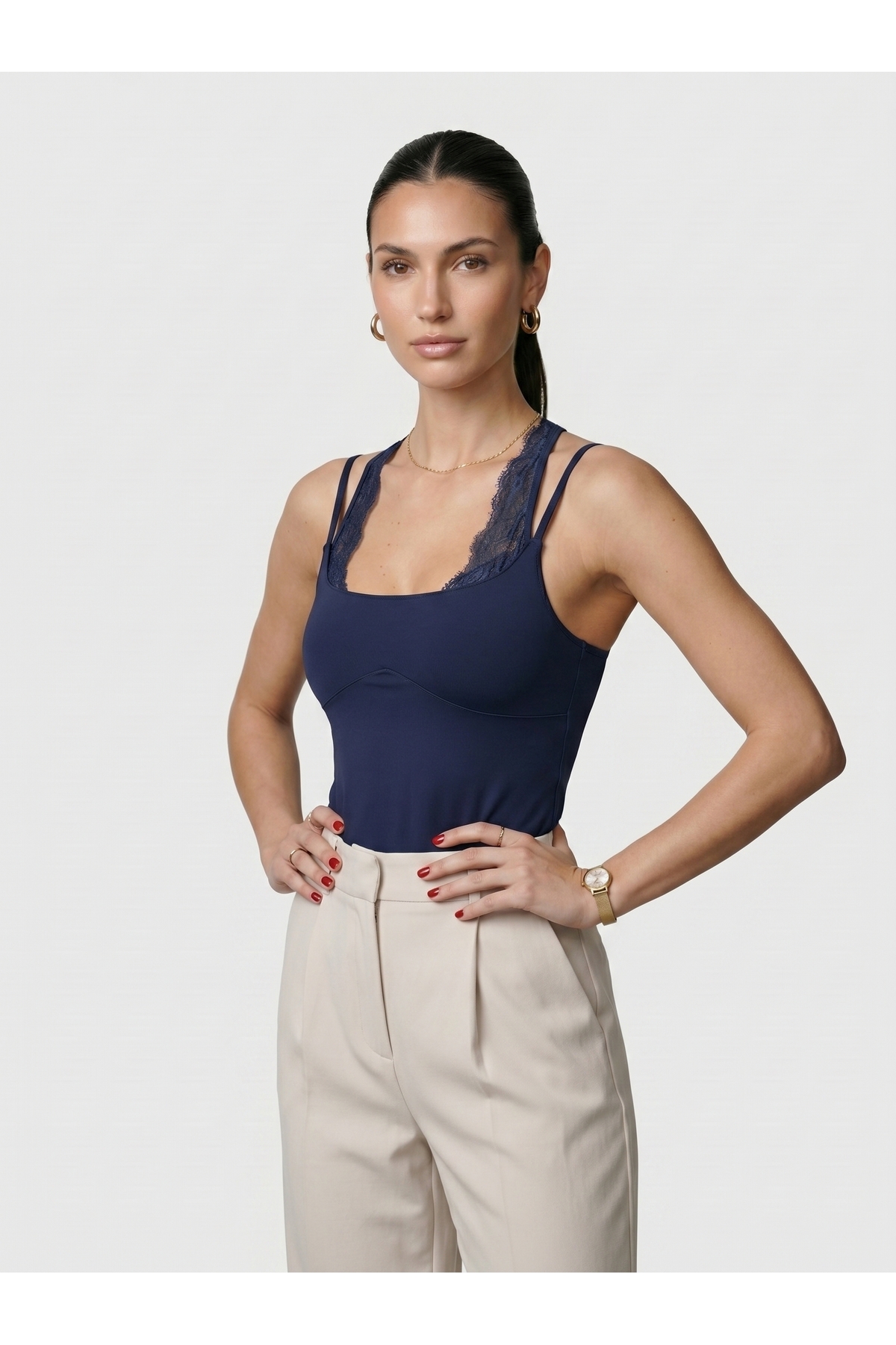 Kadın Dantel Yaka İnce Askılı Çıtçıtlı Body Slim Fit Dar Kalıp Likralı Bodysuit - Lacivert 3