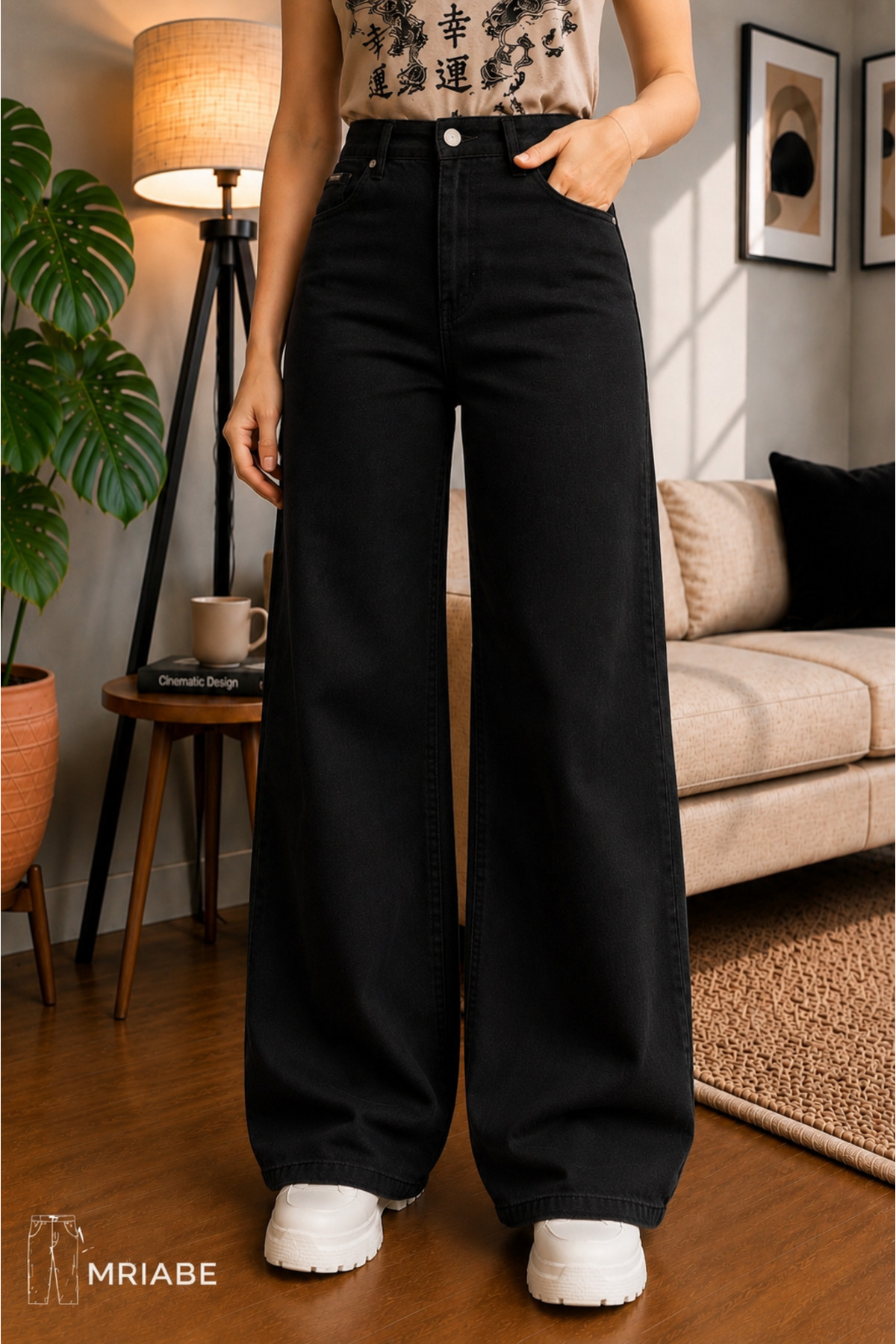 MRİABE SimSiyah Yüksek Bel Kadın Palazzo Kot Pantolon, Esnek Denim Kumaş, Düz Bol Paça,Modern Jean