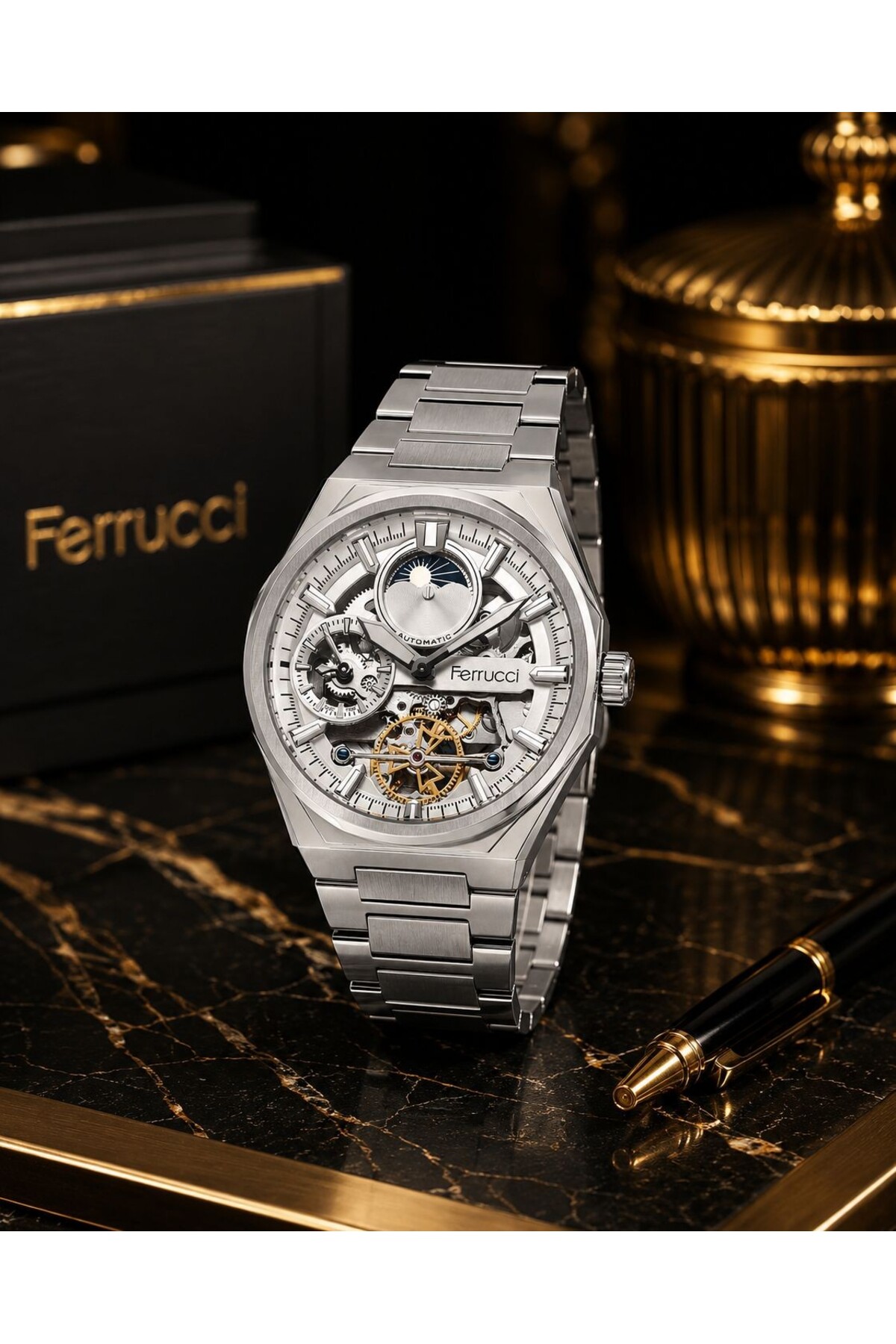 Ferrucci Otomatik Ve Kurmalı Güneş Ve Mehtap Kadranlı 2 Yıl Garantili Erkek Kol Saati BFC.M3558.S1 görsel 3