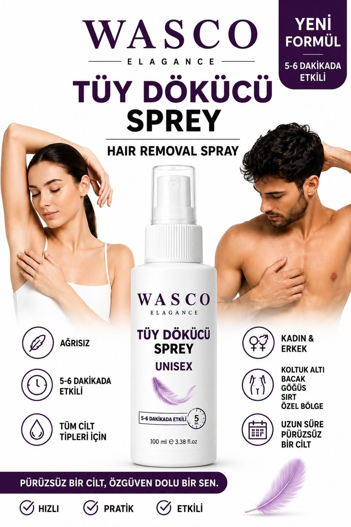 Wasco Elegance Unisex Tüy Dökücü Sprey 100 ml – Kadın & Erkek Kullanımına Uygun – Tüm Vücut Bakımı — was100tüy