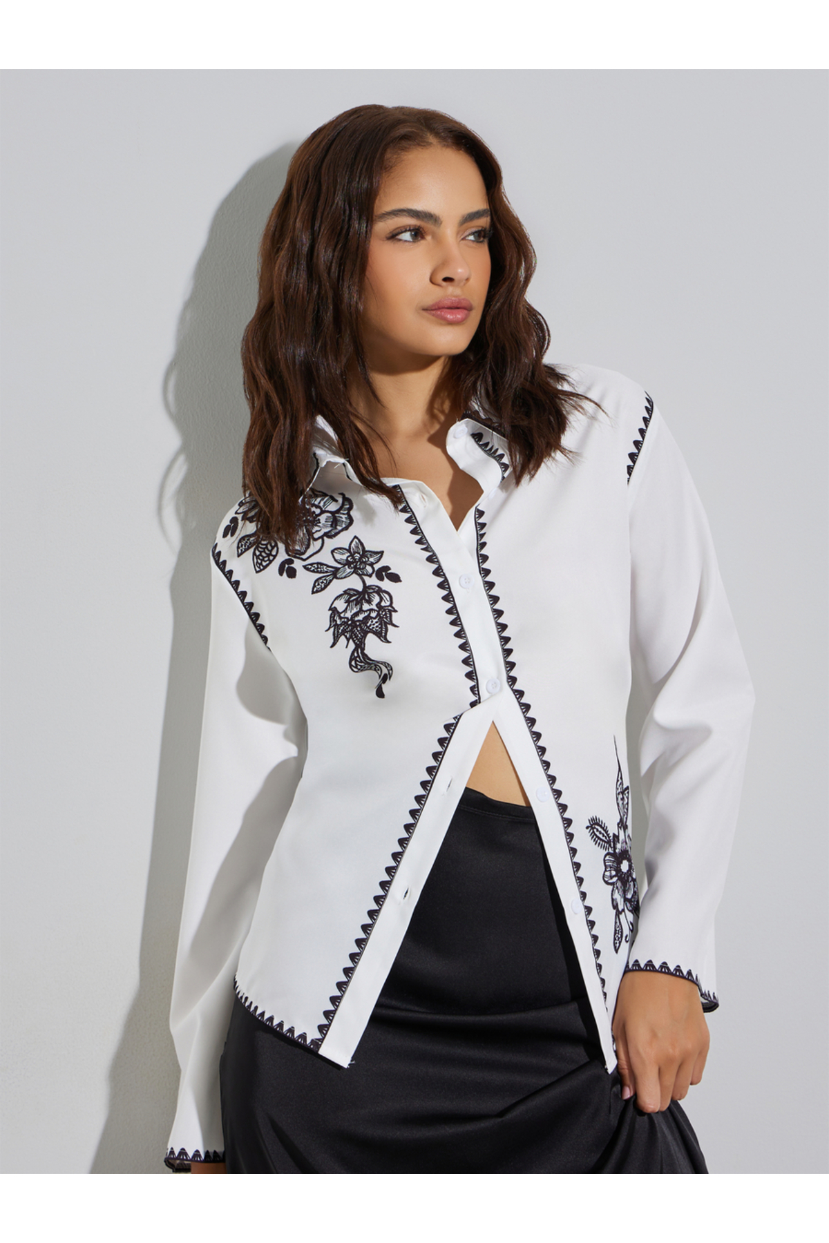 Styli White Floral Print Casual Oversized Shirt
