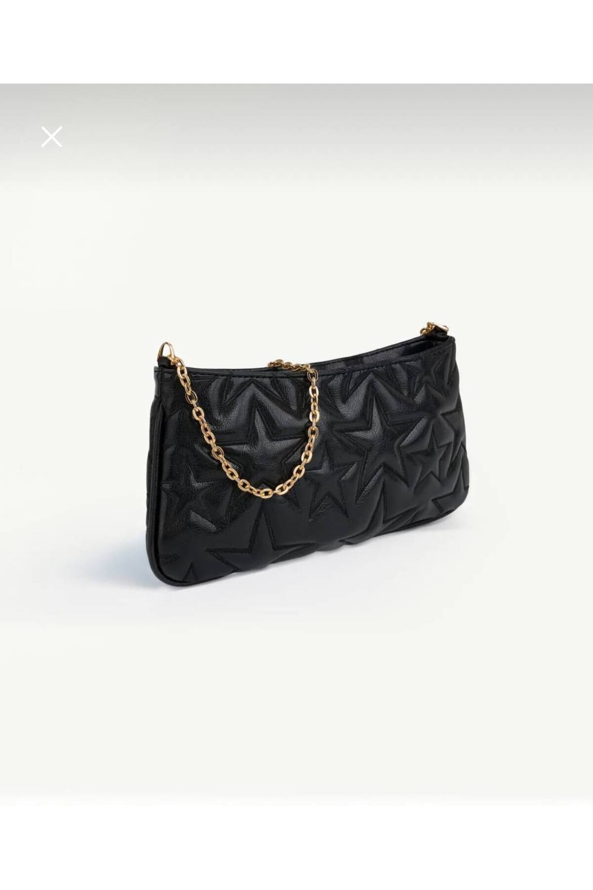 Siyah Yıldız Desenli Portföy & Clutch Zincirli Baget Kadın Çantası