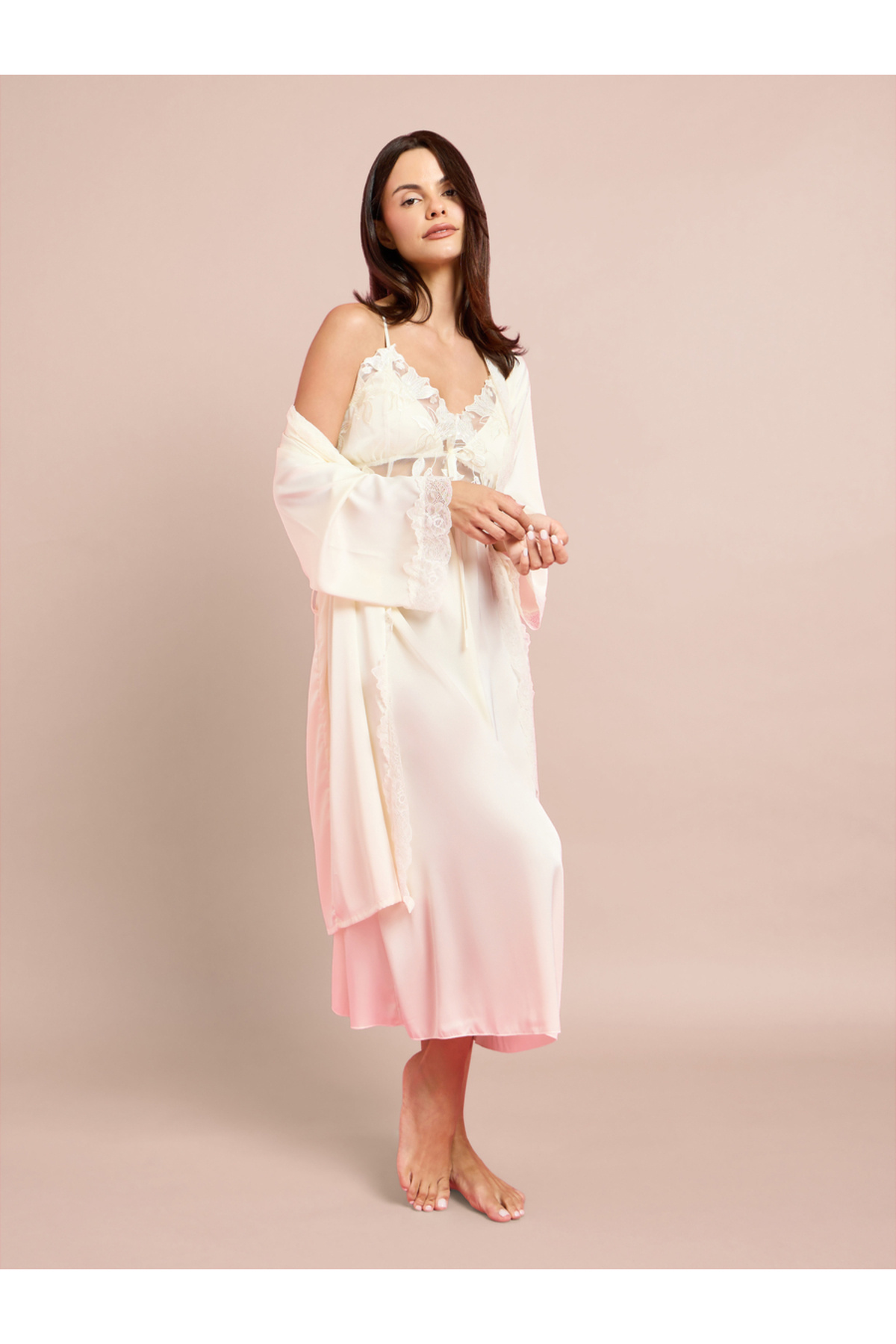 Styli Pack of 2 - Floral Guipure Lace Slip Dress and Robe Set