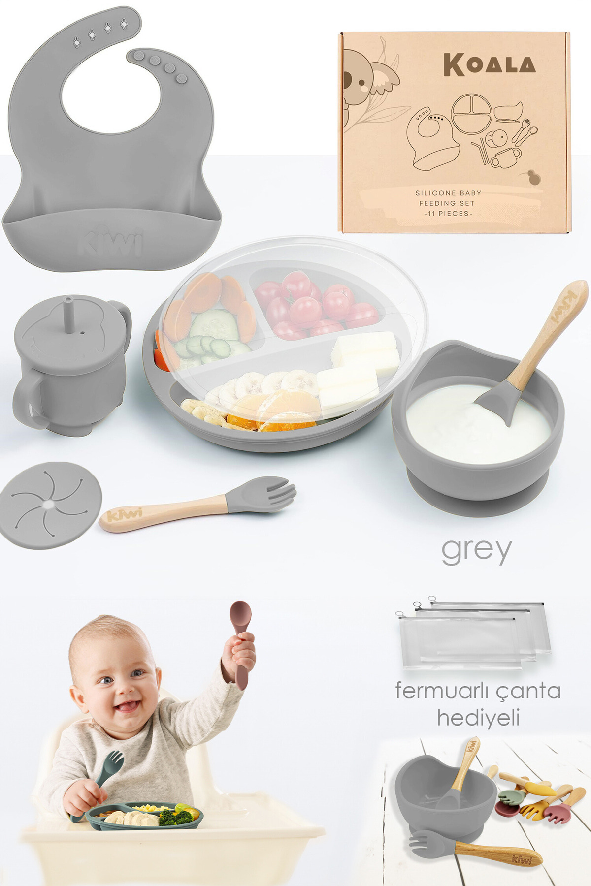 Kiwi Koala %100 Doğal Silikon Bebek Beslenme Seti - BPA Free