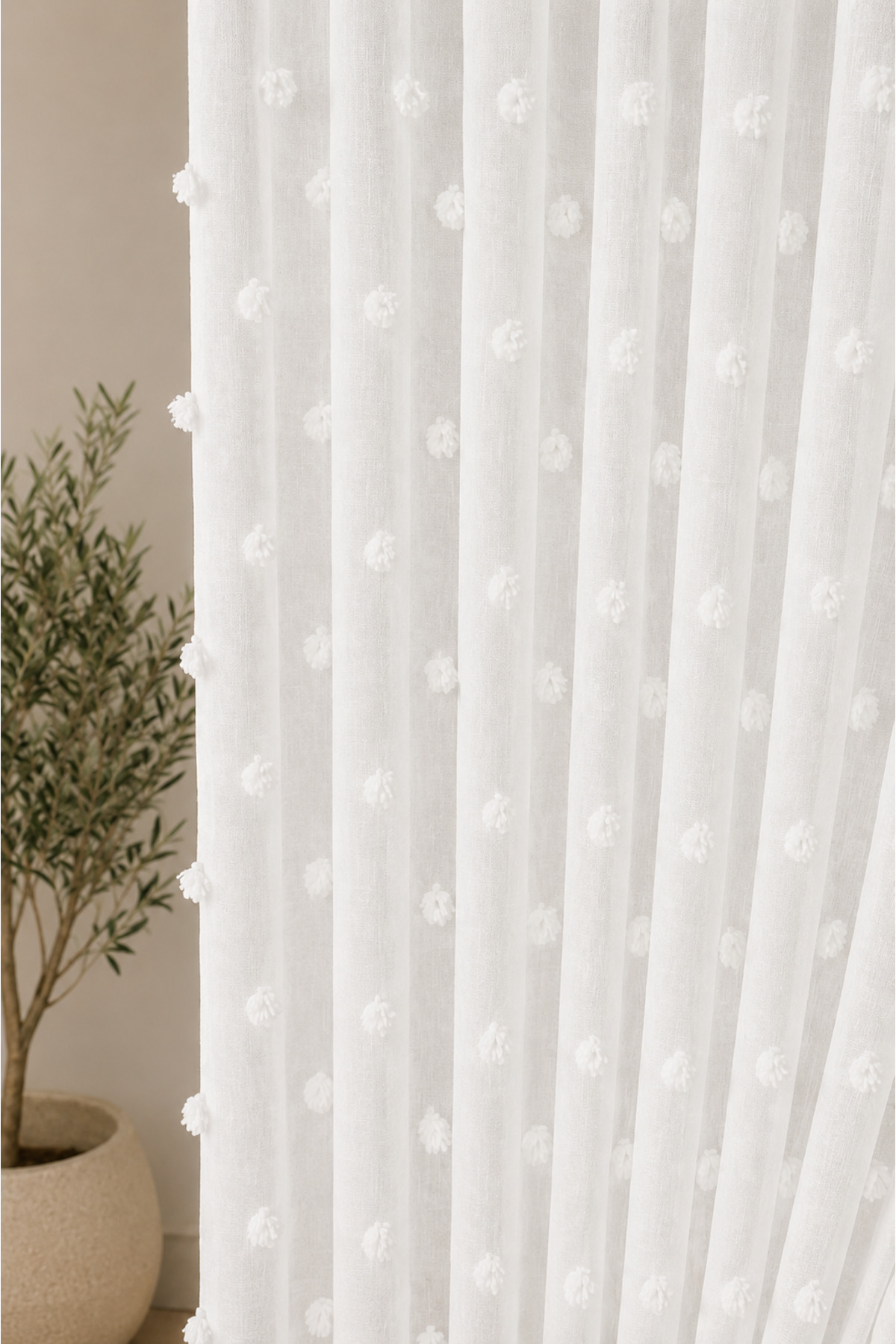 Linen Pompom Tulle Curtain | 100% Linen Floor Pompom Tulle Curtain | Straight Planting Pleatless Extrafor Shirred