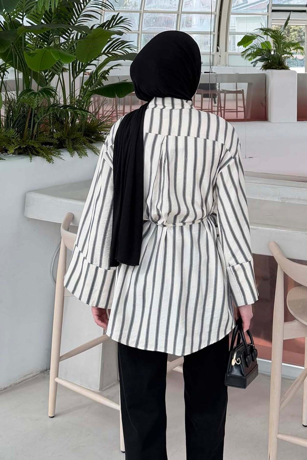lamelif Çizgili Bağlamalı Gömlek Krem görsel 4