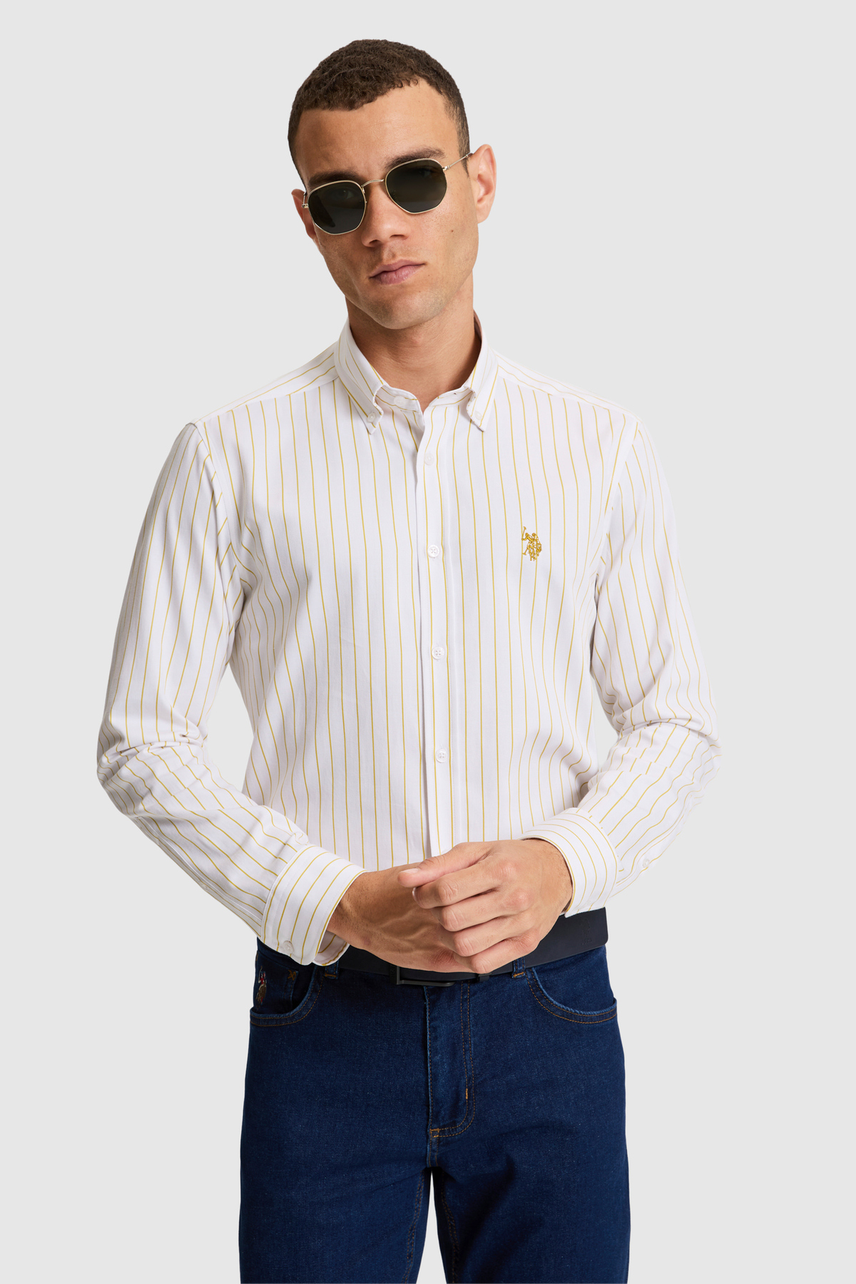 U.S. Polo Assn. Erkek Yağ Yeşili Çizgili Uzun Kollu Gömlek 50324745-VR235