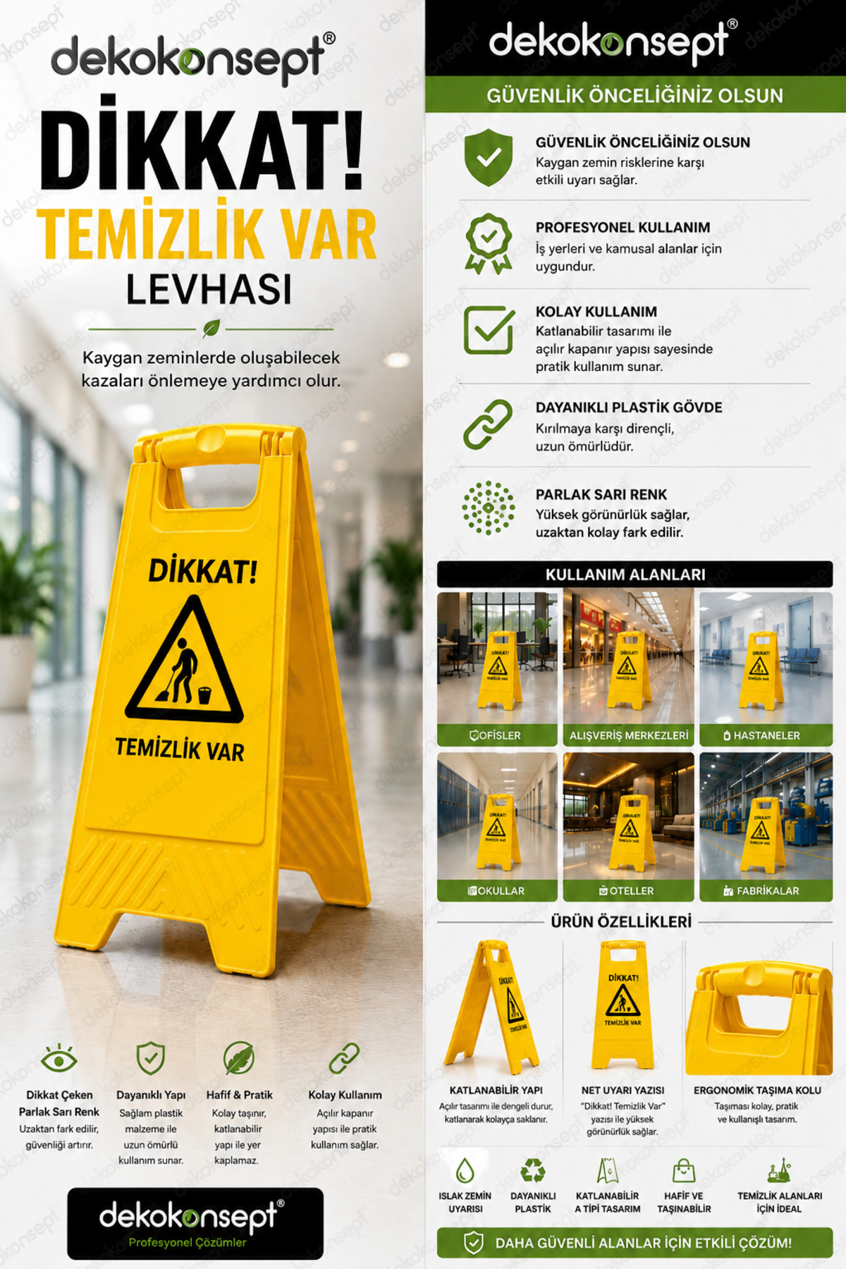 Dekokonsept Dikkat Temizlik Var Katlanabilir Uyarı Levhası Sarı