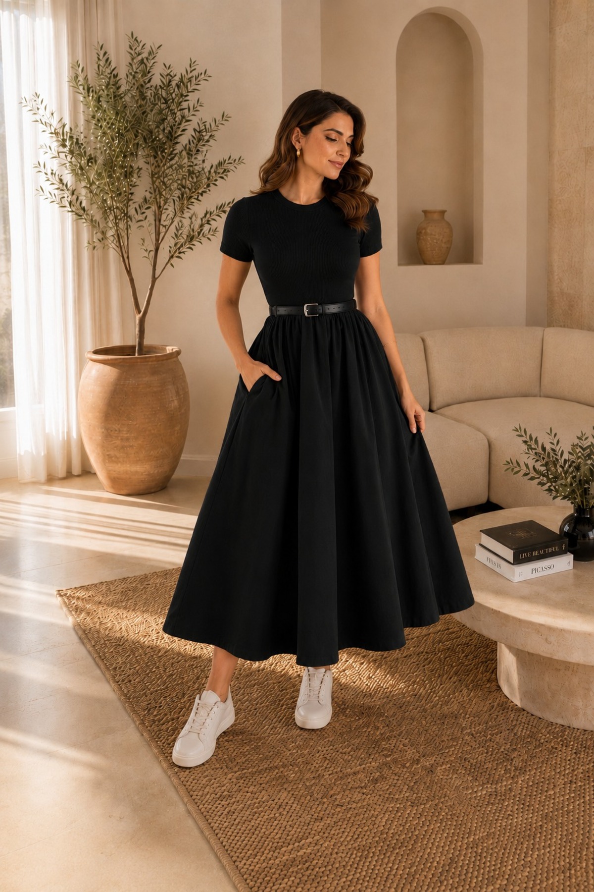 unika boutique Kadın Kemerli Poplin Midi Elbise