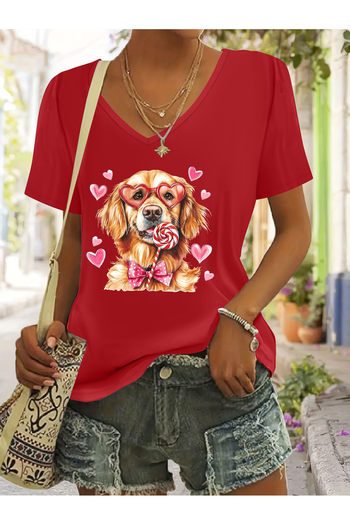 Deocept Women's Dog Printed V-Neck Sleeved Regular Fit Comfortable T-Shirt