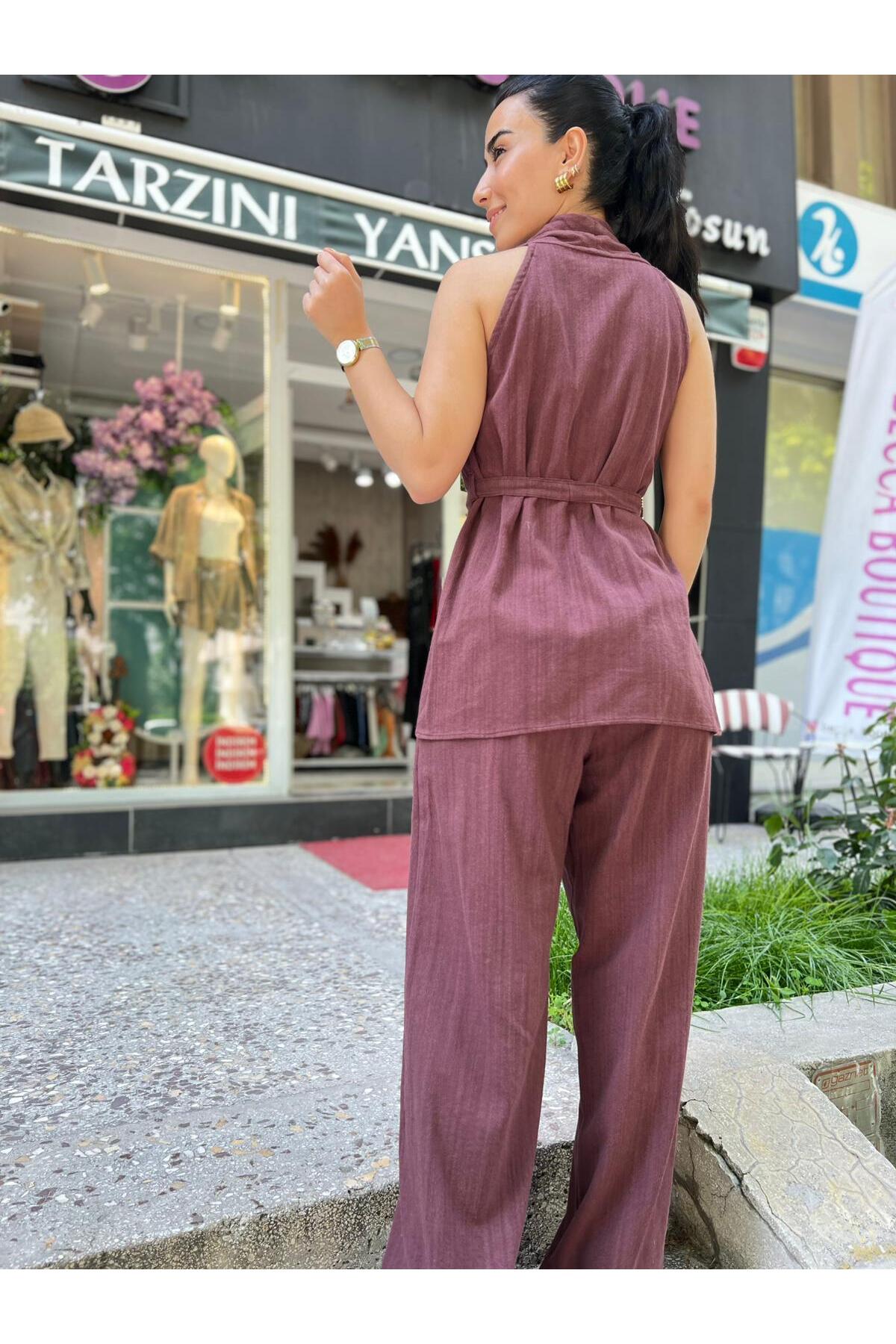 Sıfır Kollu Bağlamalı Alt Üst Pantolon Yelek Takım