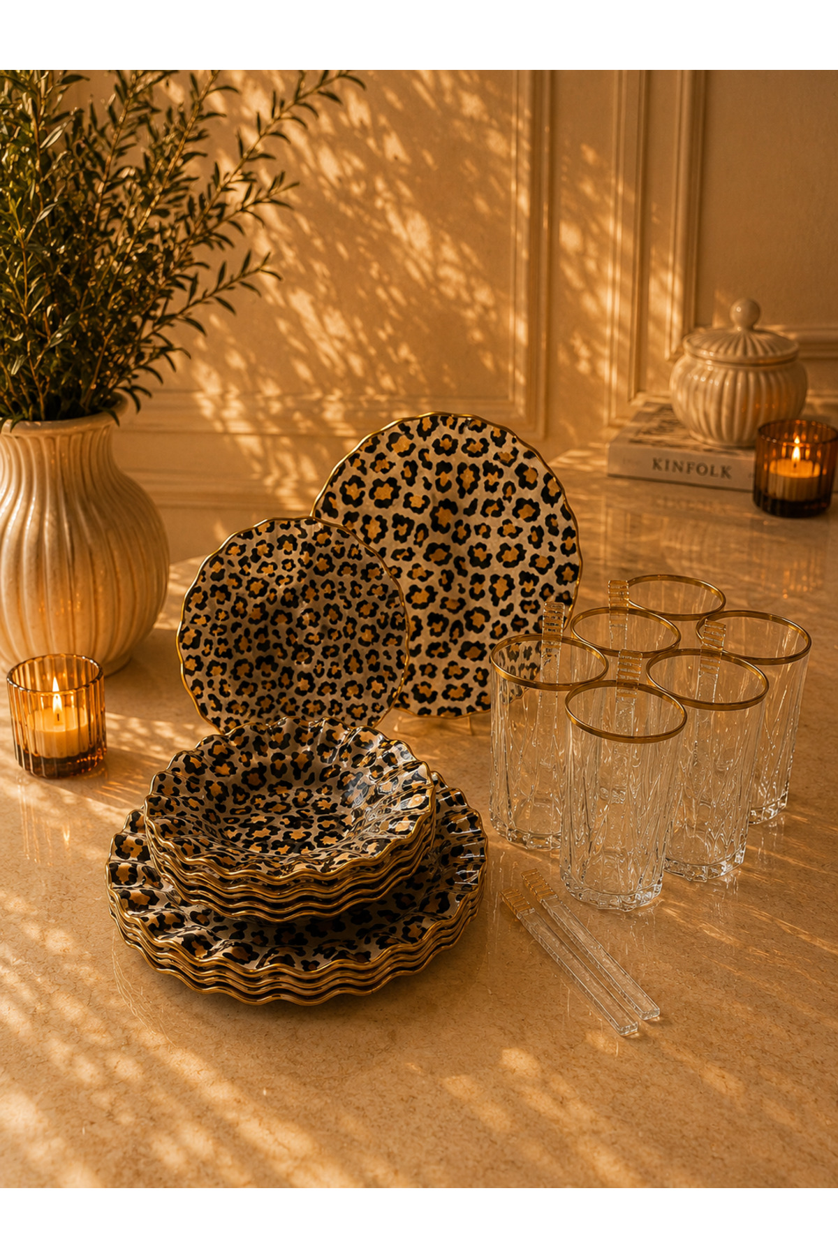 GÜRCÜGLASS All Leopard Model 24 Pieces of Tea Pleasure with Spoons