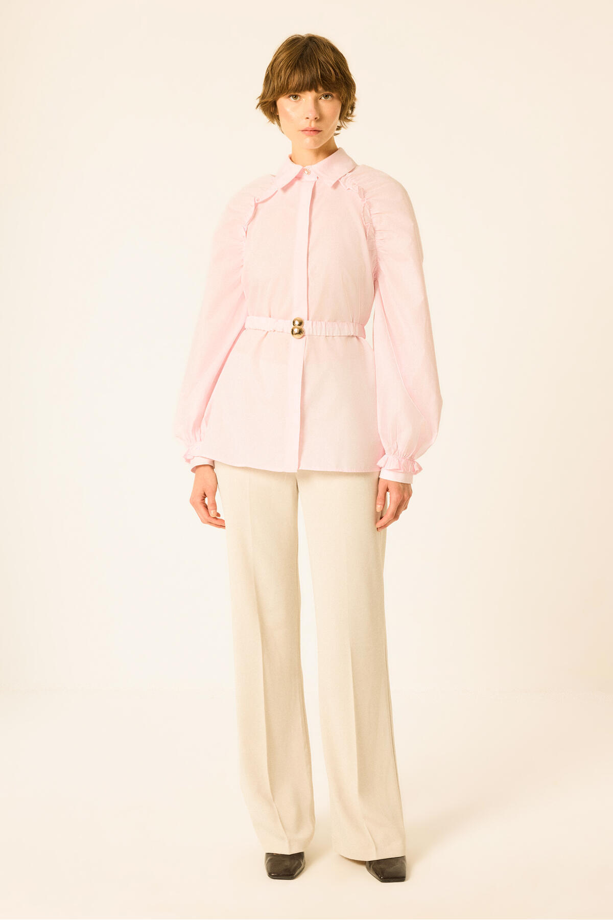 Touche Prive Balon Sleeves, Ruched Detail, Belted Shirt