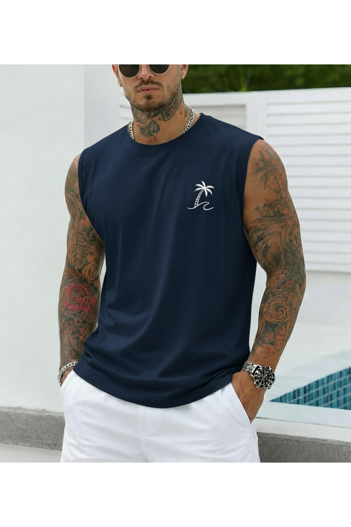 TREND EMMODA Erkek Minimal Palmiye Baskılı Sıfır Kol Yuvarlak Bisiklet Yaka Lacivert Tişört / Tshirt