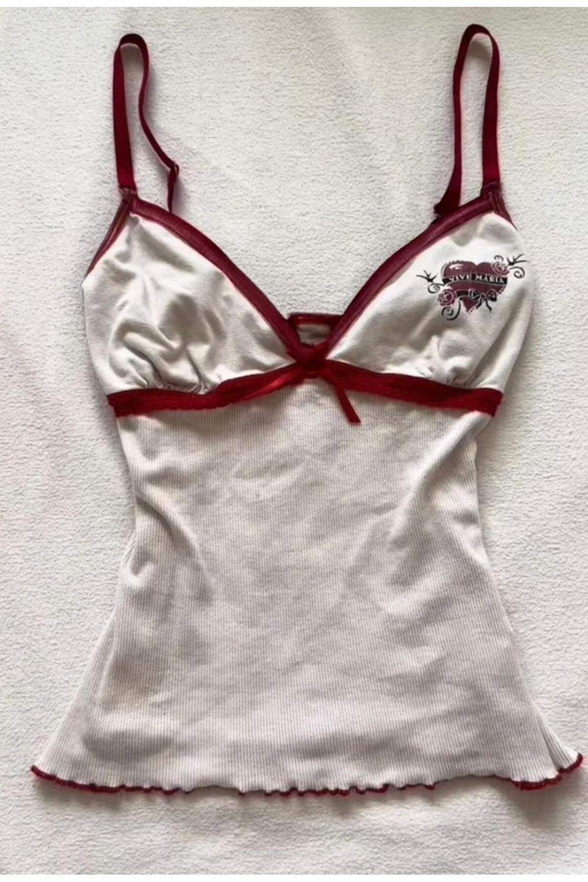 White Vive Maria Red Ribbon Bow Detailed Vintage Y2K Strapped Crop