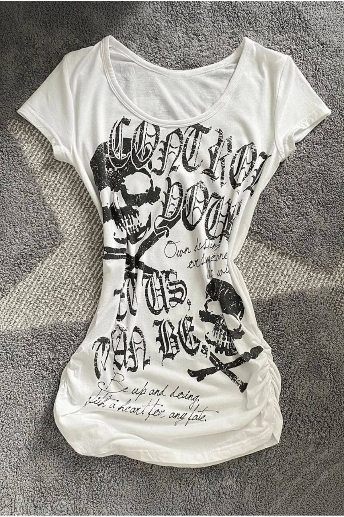 White Gothic Skulls Control Wide Neck Y2K Short Sleeve Crop