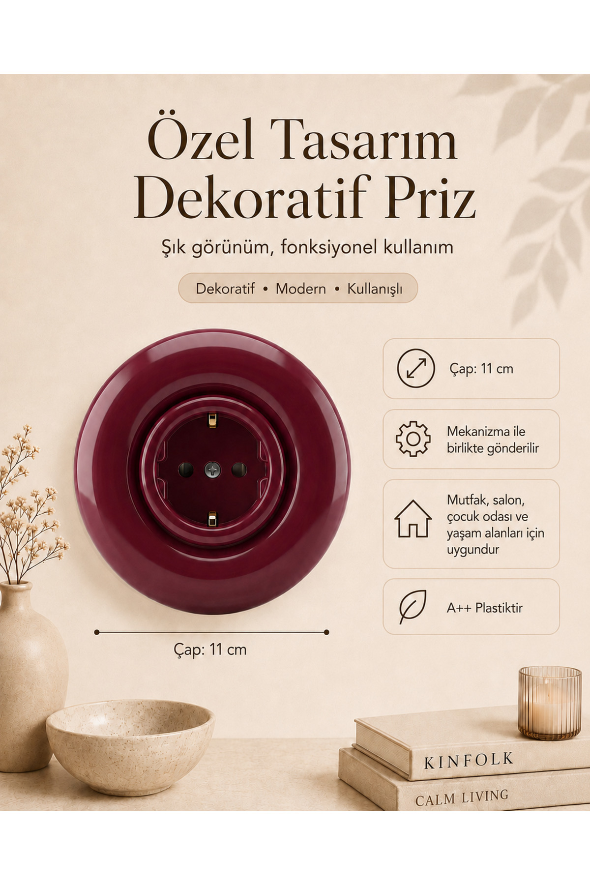 Özel Tasarım Bubble Serisi Bordo Dekoratif Priz A Kalite Plastik (Mekanizma Dahildir)