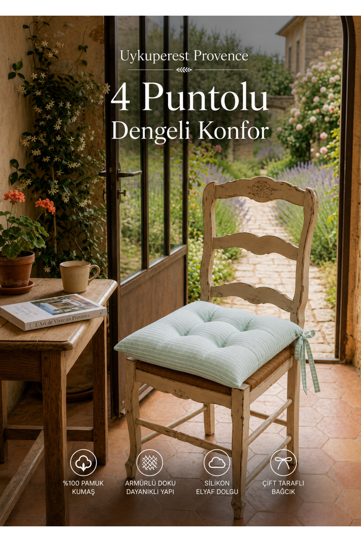 Pastello Pofidik Sandalye Minderi 40x40 Bağcıklı 4 Puntolu Silikon Dolgulu Pamuk Bahçe Balkon Tekli detay