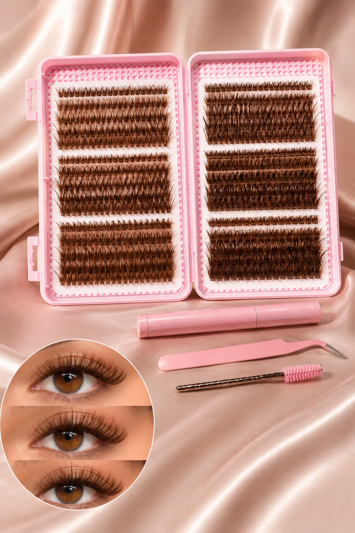 Kahverengi Brown Cluster Takma Kirpik Seti 30D 40D 50D 60D 80D 100D Bond & Seal Cımbız Dahil Viral Görünüm — ALR-BROWNKIT — تصویر 3 از 6
