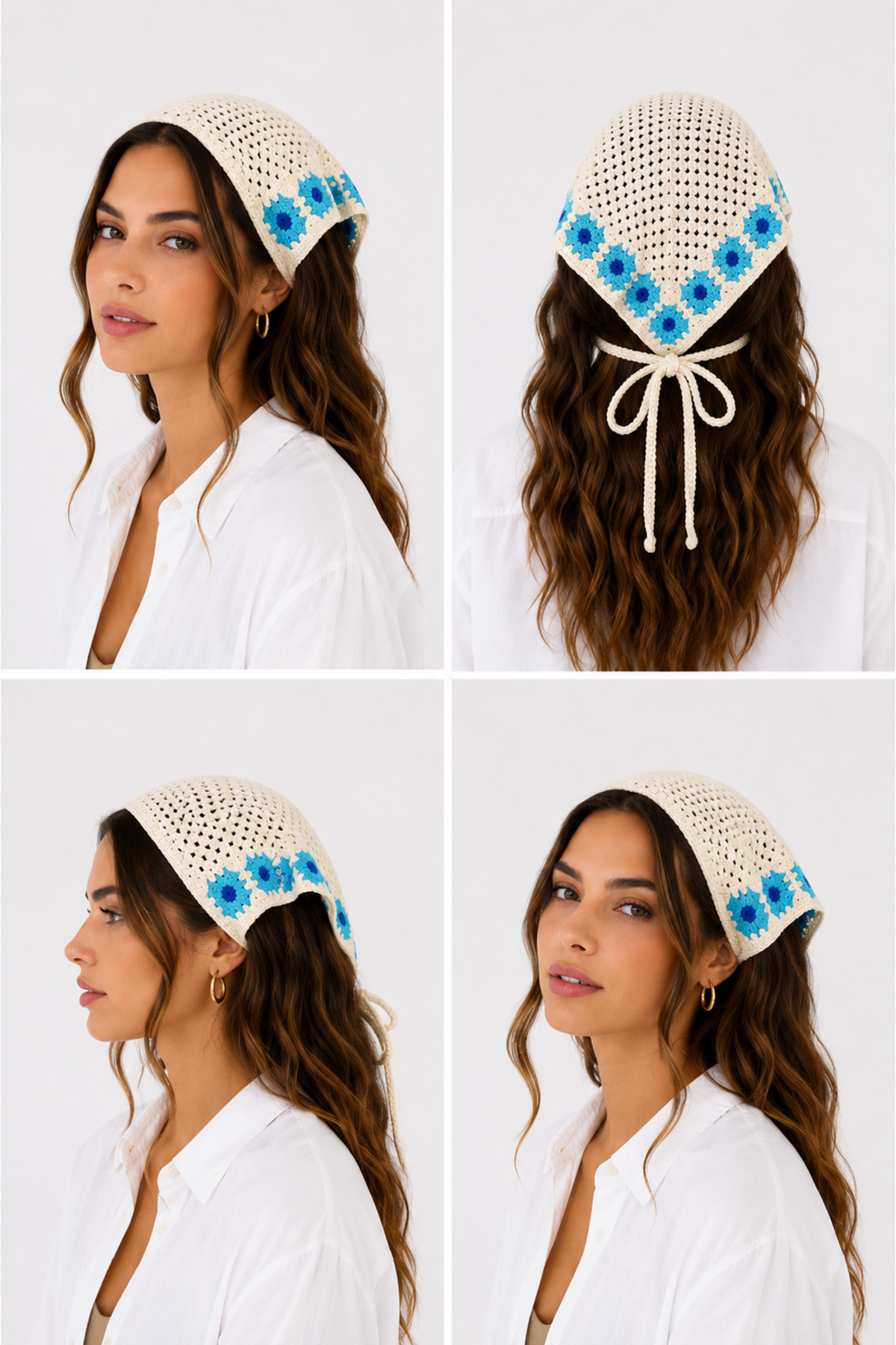 Kadın Örgü Bandana Çiçek Motifli Yazlık Bohem Saç Bandanası