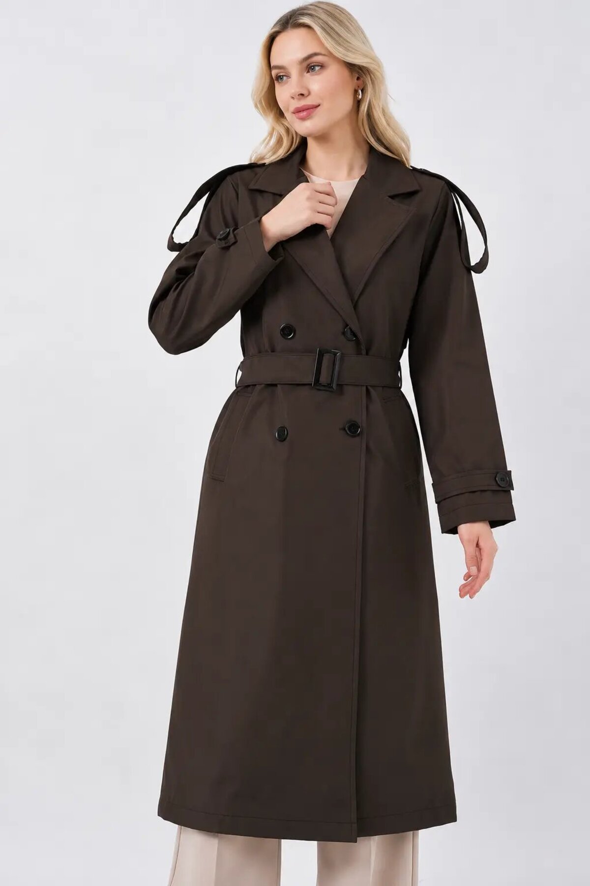 hazelin Women's Brown Double-Breasted Collared Lined Belted