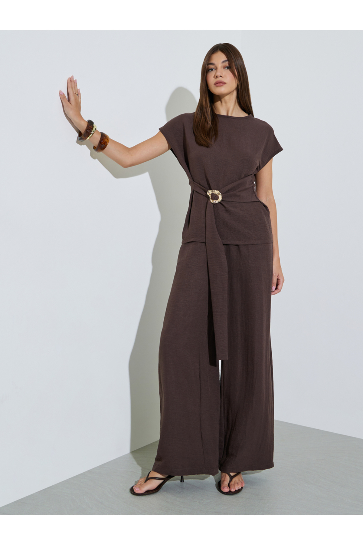 Styli Brown Cinched Top and Wide Leg Trousers Co-ord Set