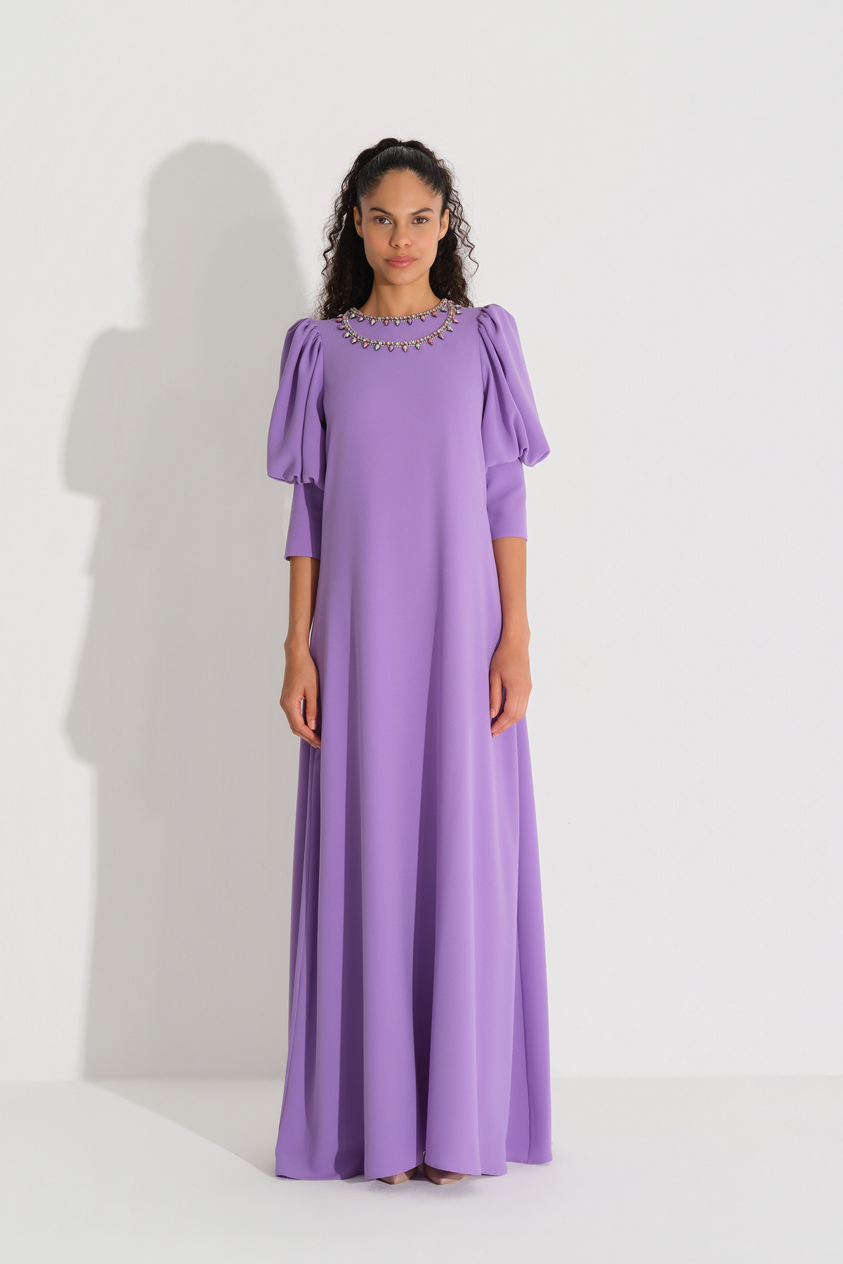 miha Hicran Önal Collar Detail Stone Embroidered Crepe Dress Lilac