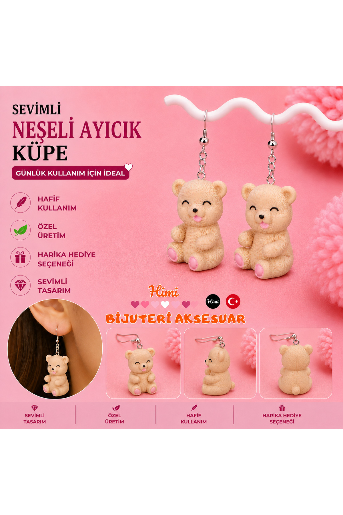Neşeli Ayıcık Hayvan Figürlü Sallantılı Küpe Hafif Tasarım Günlük Kullanım Bijuteri Çocuk Küpesi