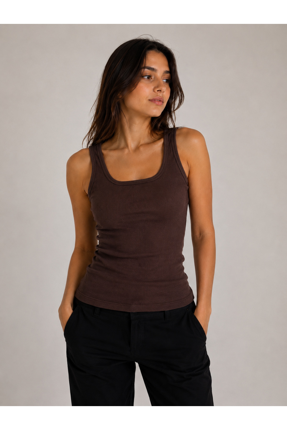 HELMİRA Kadın Kahverengi Askılı Kaşkorse Kumaş Fitilli Görünümlü Slim-Fit Basic Bluz-Atlet görsel 6