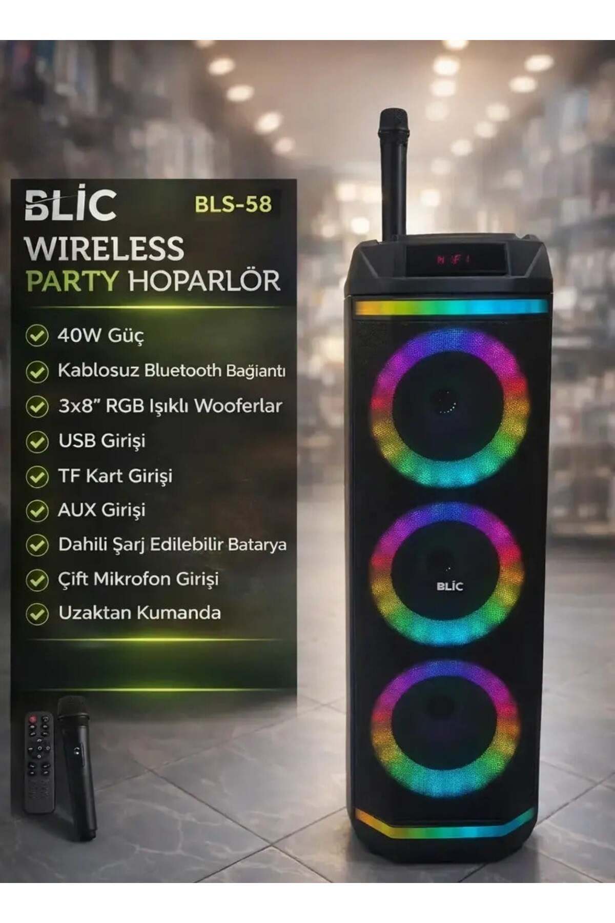 Blic BLS-58 40W Karaoke Hoparlör Kablosuz Mikrofonlu Bluetooth 5.4