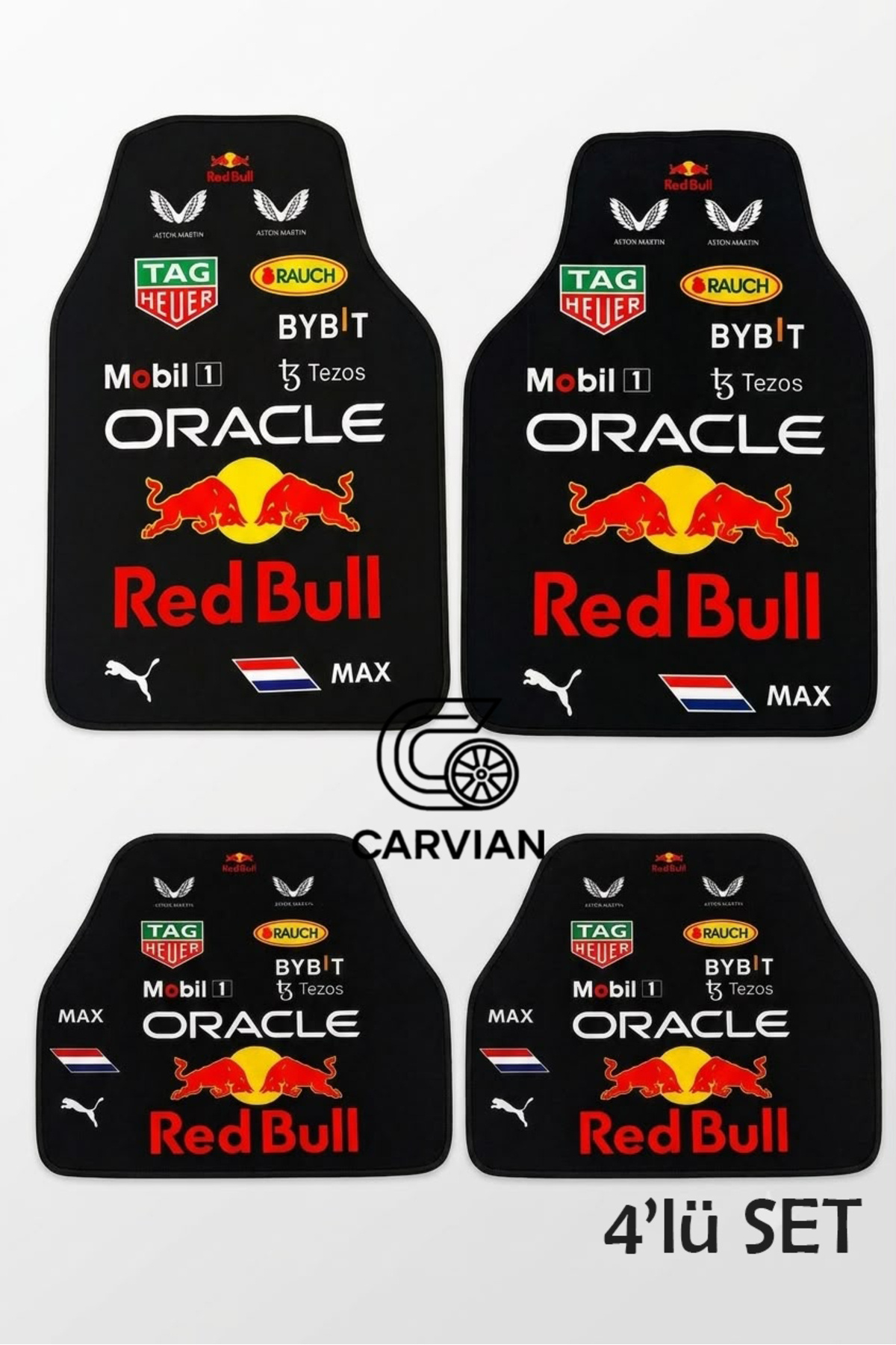 Carvian Red Bull Temalı 4'lü Universal Oto Halı Paspas Seti Kaymaz Araç Paspası