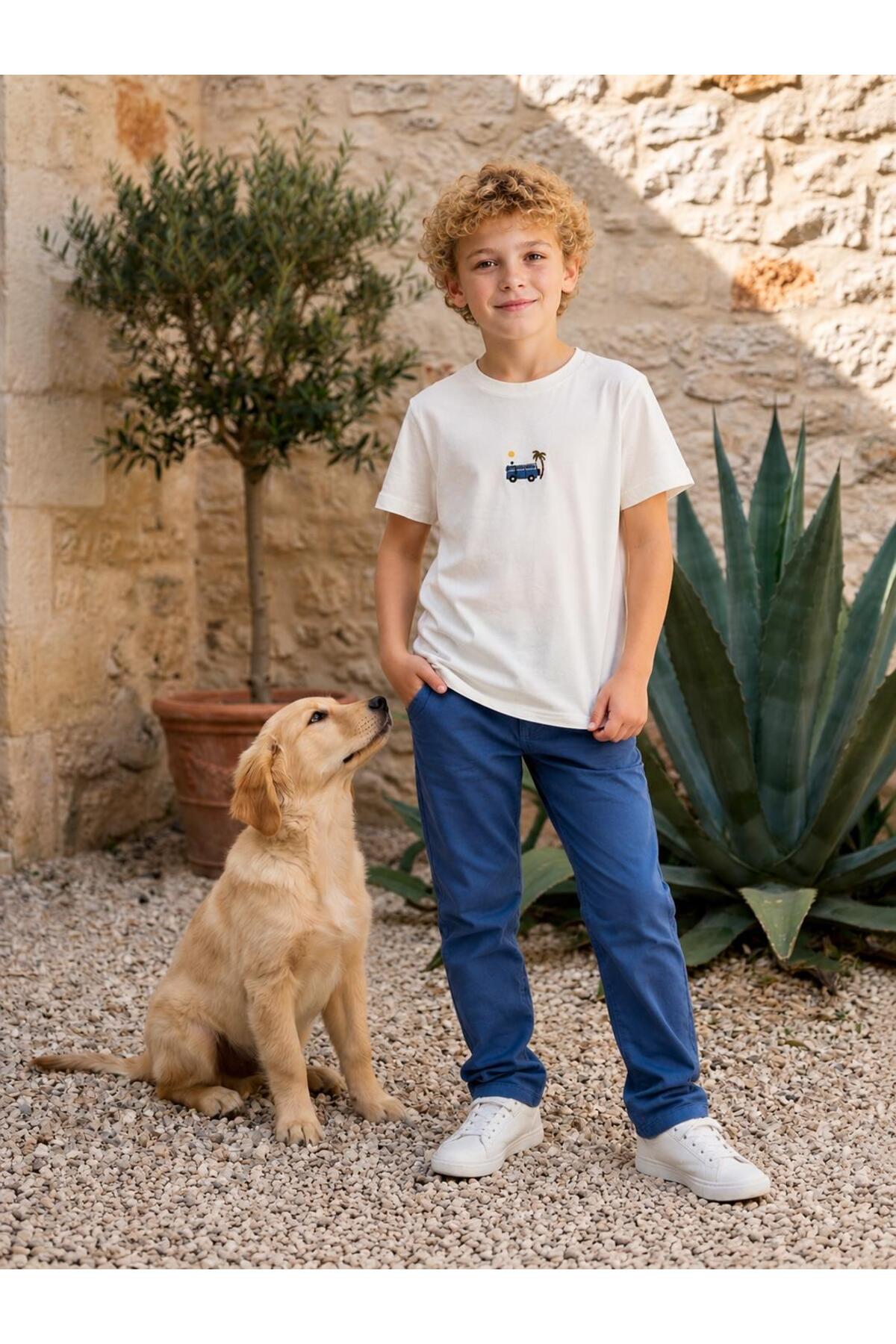 Mutlu Kids Boy's Ecru Embroidered Patterned Cotton Basic T-Shirt