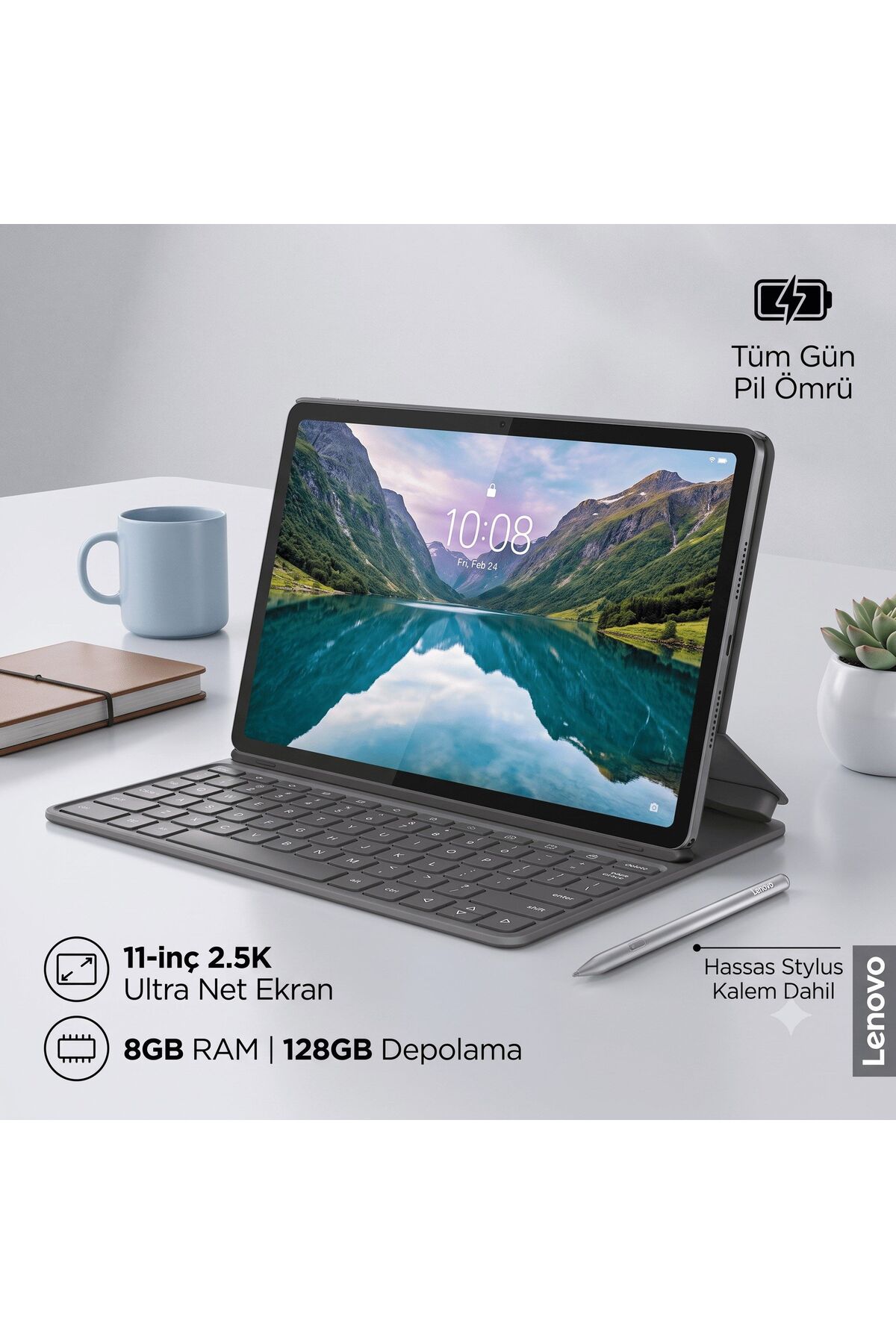 LENOVO 11 inç 2.5K ekranlı tablet, 8 GB RAM 128 GB depolama, klavye ve kalemli kullanım seti, günlük kullanıma uygun tablet ile pratik kullanım