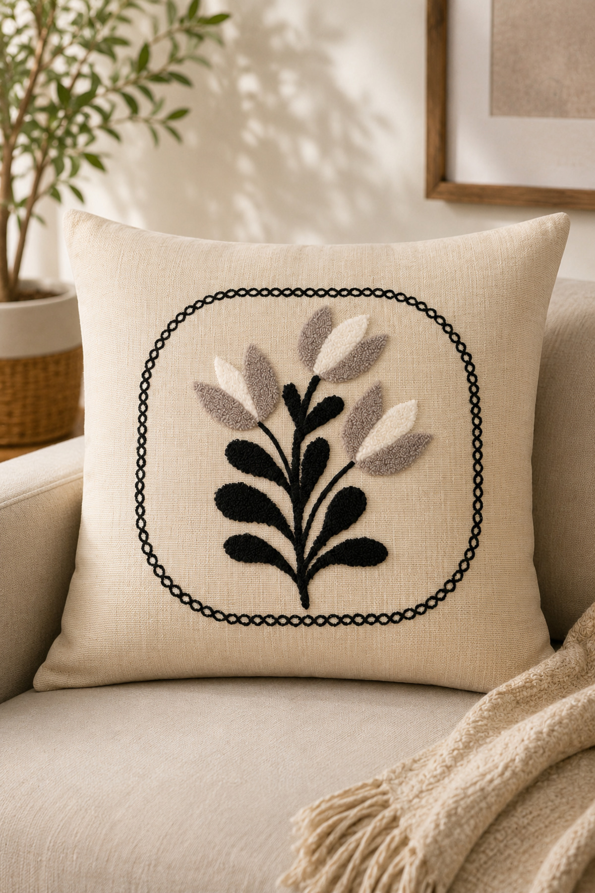 Dekoratif Punch Kırlent Kılıfı Keten Kumaş Gizli Fermuarlı 43x43