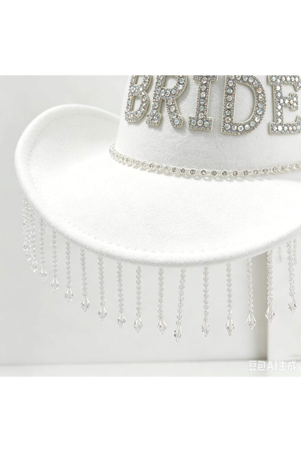 valkyrie Bride Yazılı Taşlı Beyaz Kovboy Şapkası, Kristal Püsküllü Bekarlığa Veda, Düğün ve Party A görsel 8