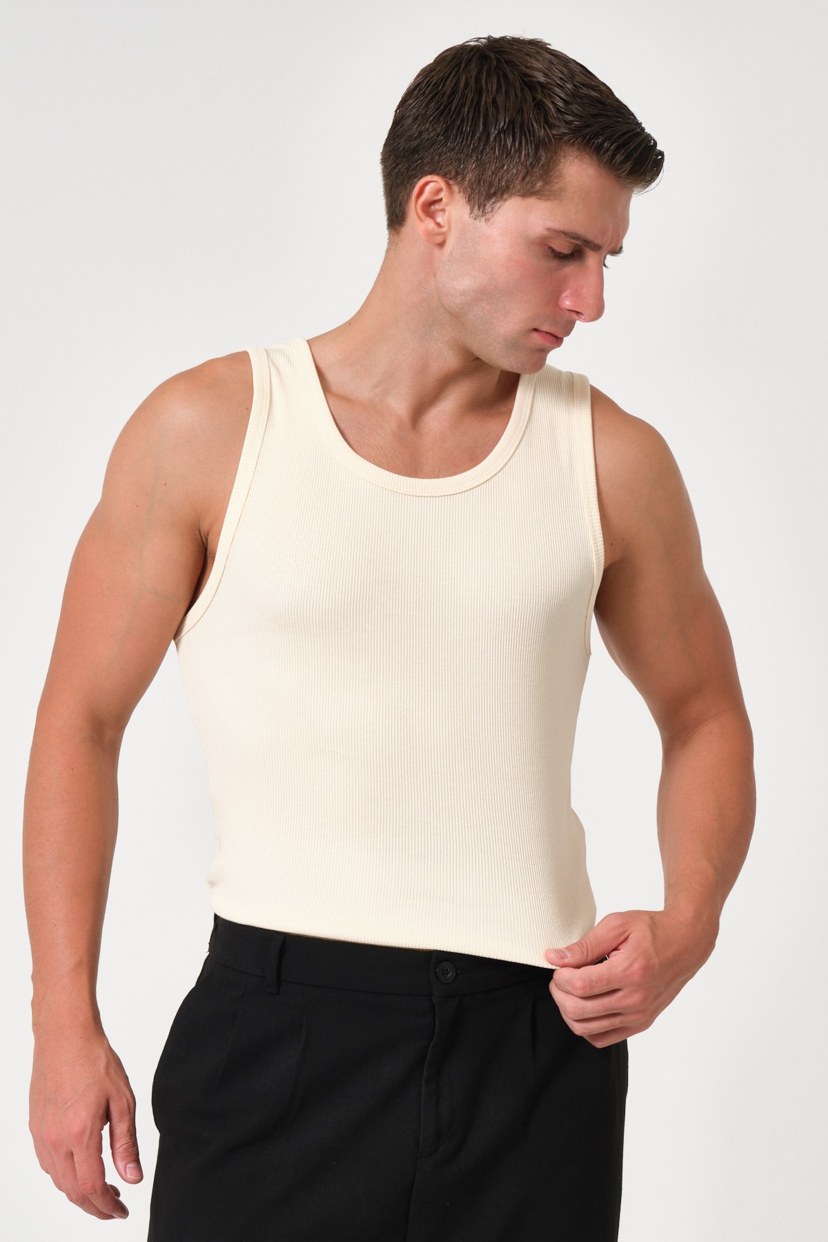gamaro Erkek Halter Yaka penye kaşkorse fitted kalıp fitilli sporcu Likralı Atlet görsel 4