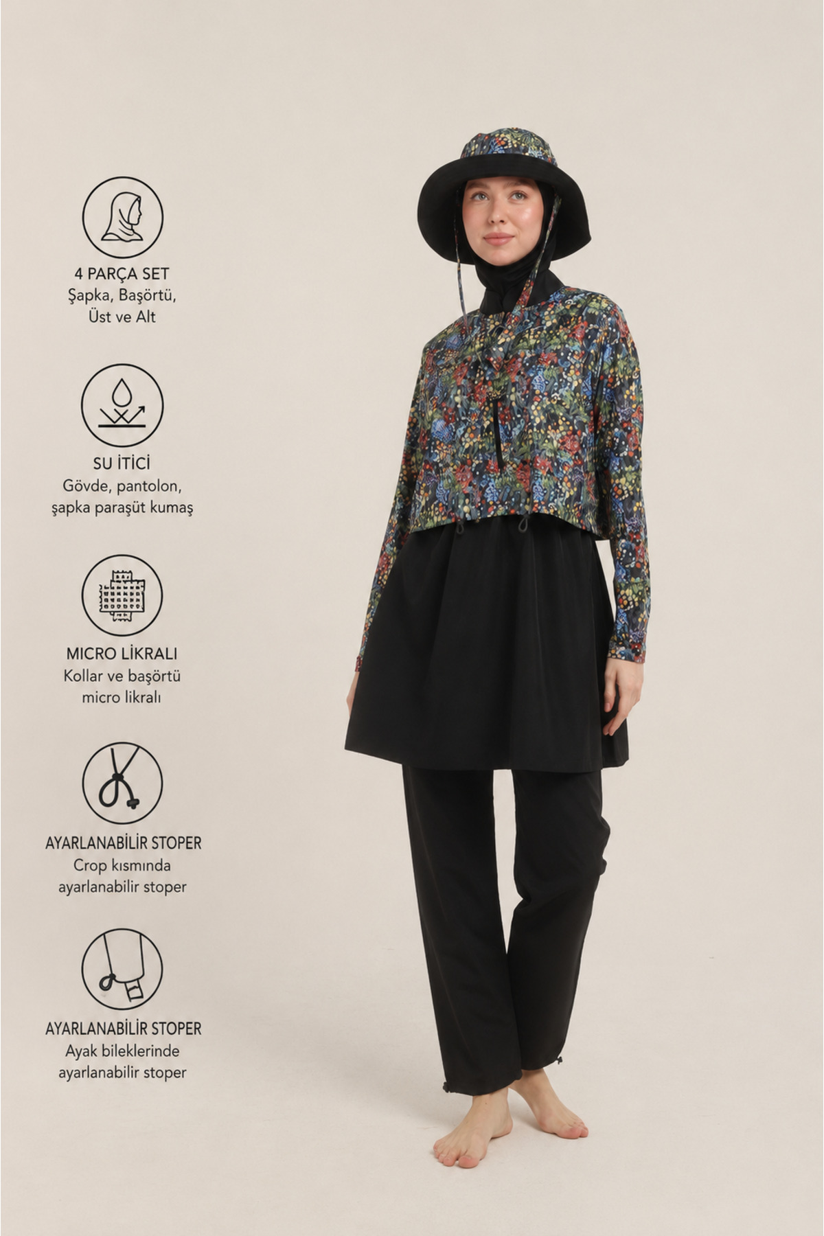 Sonne's 4-Piece Black Floral Hat with Lycra Sleeves, Fully Covered, Zippered, Water-Repellent, Quick-Dry, Hijab Swimsuit