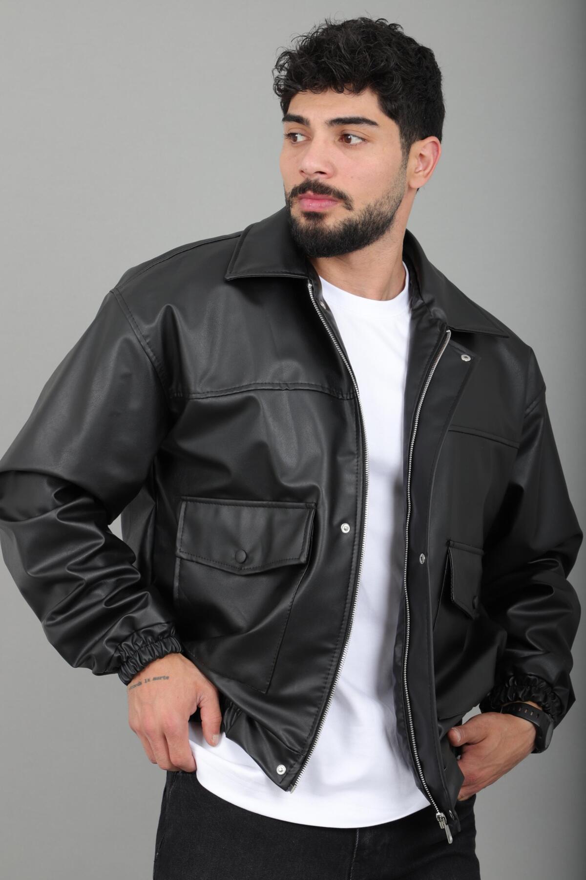 کاپشن چرم مصنوعی سایز بزرگ با جیب‌های وصله‌دار و کمر کشی Bl 1940_50508 — رنگارنگ — تصویر 2 از 7