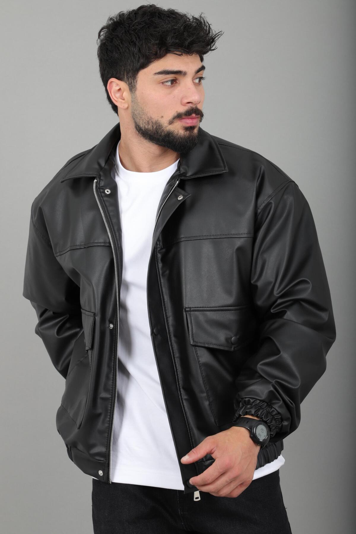 کاپشن چرم مصنوعی سایز بزرگ با جیب‌های وصله‌دار و کمر کشی Bl 1940_50508 — رنگارنگ — تصویر 3 از 7