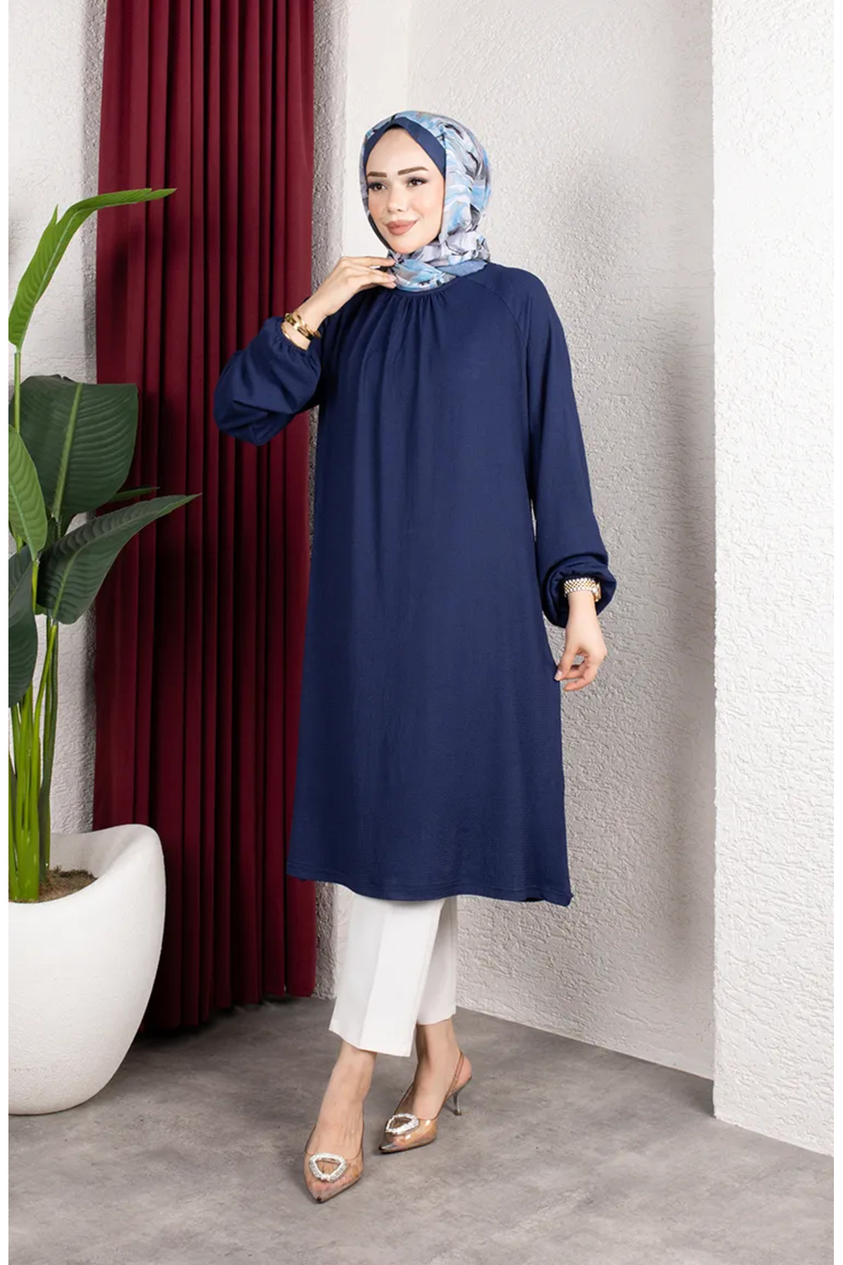 sefamerve Bürümcük Kumaş Reglan Kol Uzun Tunik 0902-05 Lacivert
